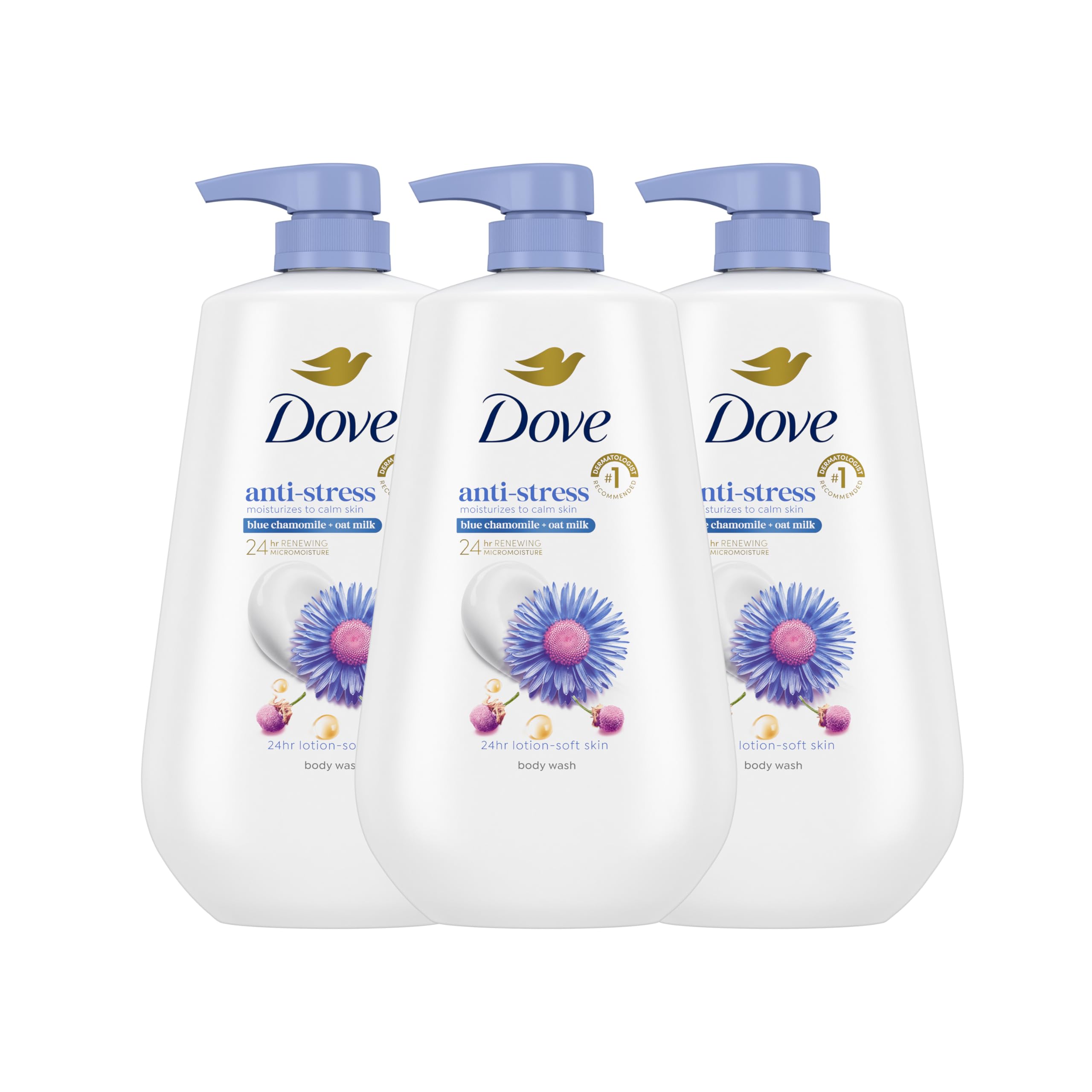 Dove Body Wash with Pump 3 Count Anti-Stress Blue Chamomile & Oat Milk, for 24hr Lotion-Soft Skin Moisturizing Skin Cleanser with No Sulfates No Parabens