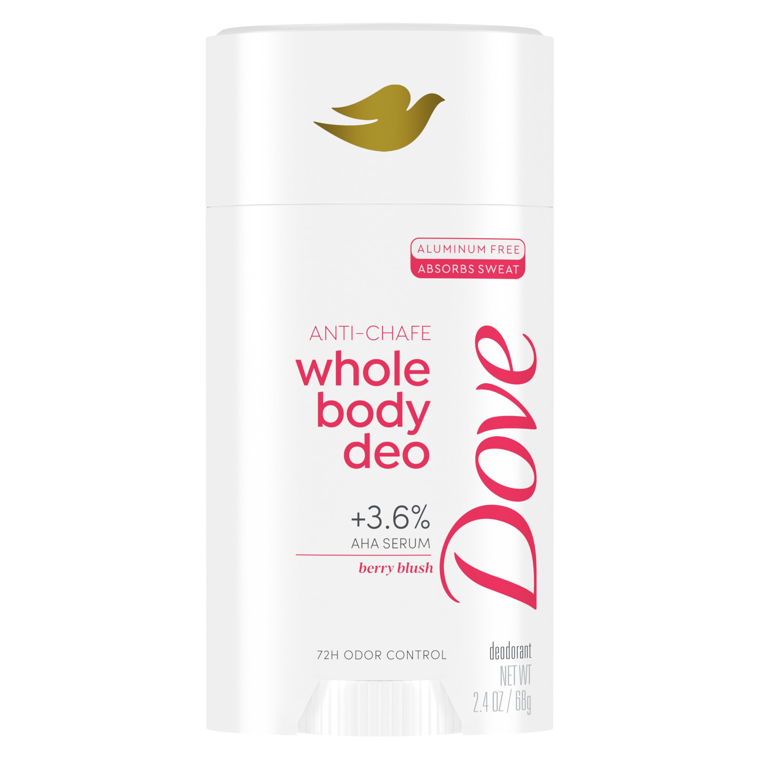 Dove Whole Body Deo Aluminum Free Anti-Chafe Deodorant Stick for Women Berry Blush for 72h Odor Control 2.6 oz