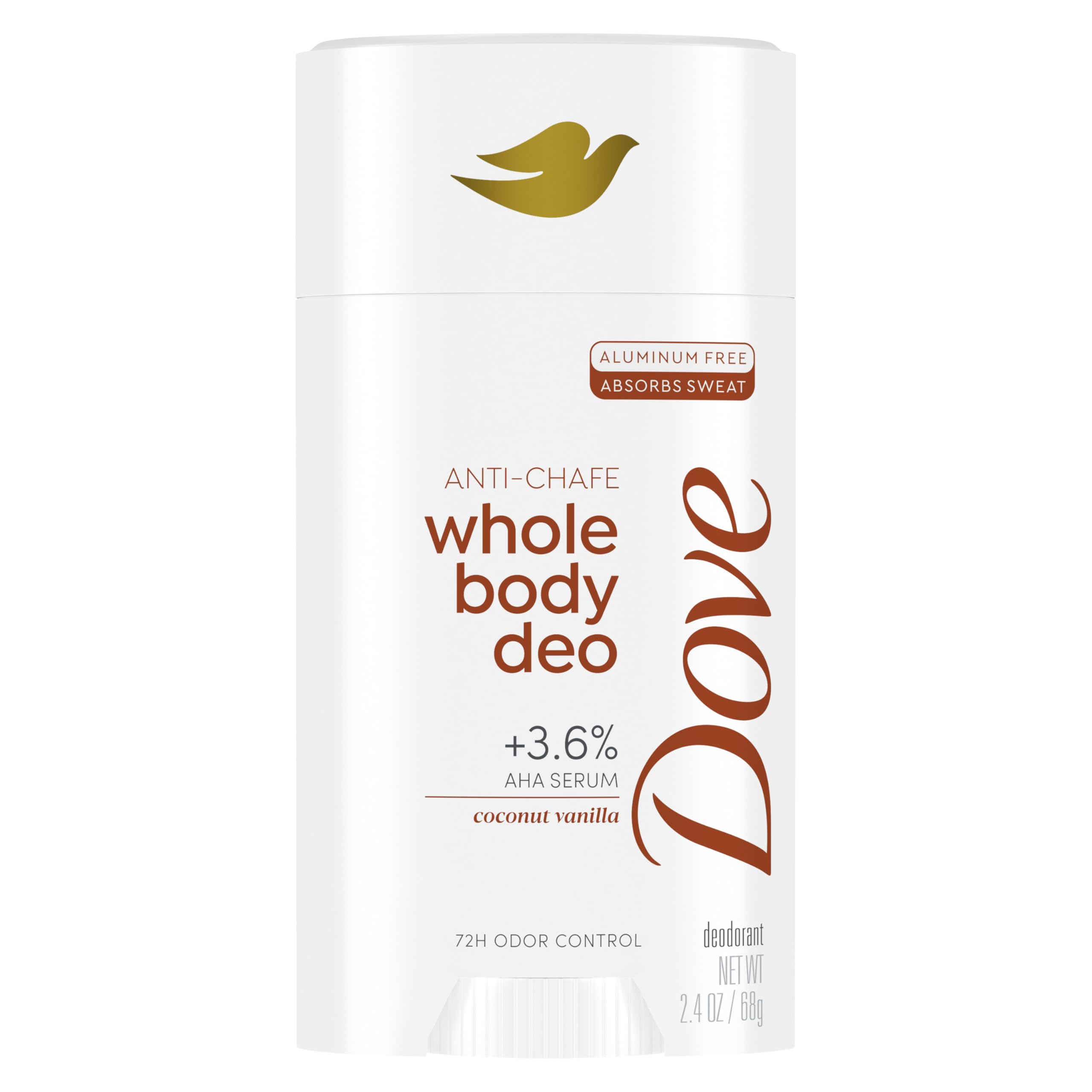 Dove Whole Body Deo Aluminum Free Anti-Chafe Deodorant Stick for Women Coconut Vanilla for 72h Odor Control 2.6 oz