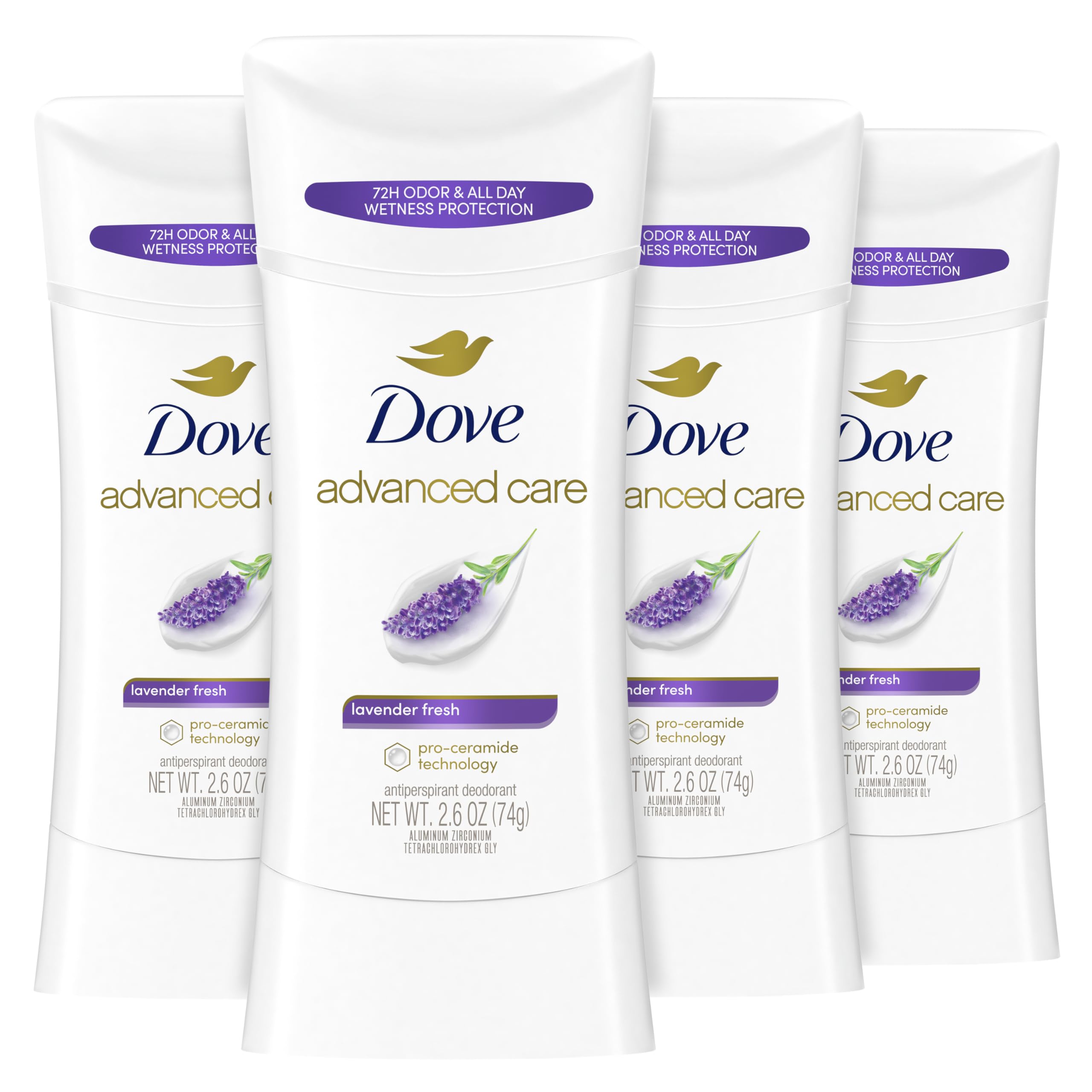 Dove Advanced Care Antiperspirant Deodorant Stick Lavender Fresh 4 ct for helping your skin barrier repair72 hr odor control and sweat protection for soft underarms with boosted ceramide levels 2.6 oz