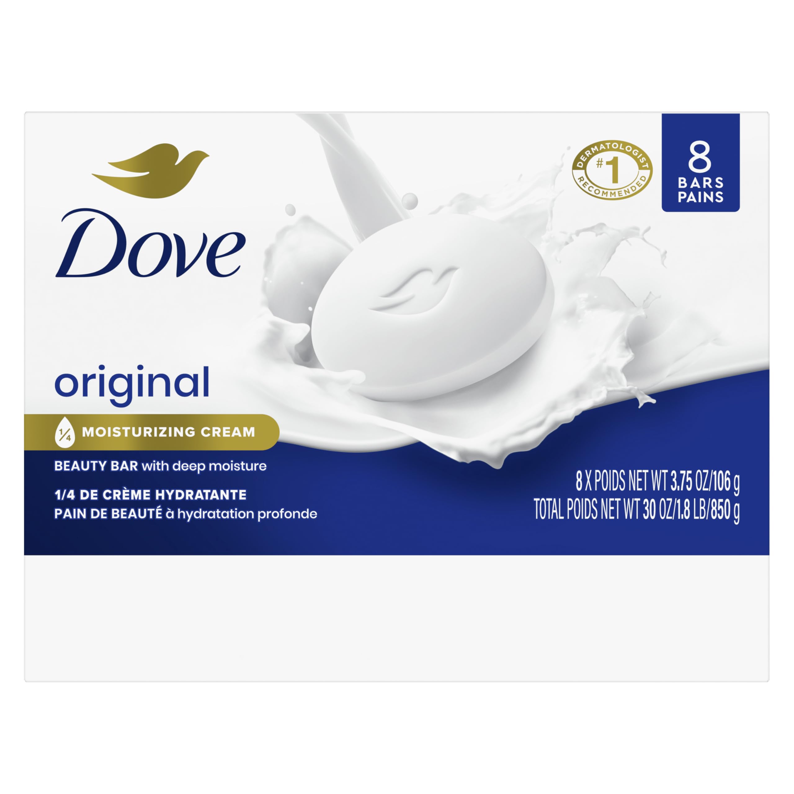 Dove Beauty Bar Soap Original 8 Count for Soft, Smooth Skin, with 1/4 Moisturizing Cream 3.75 oz