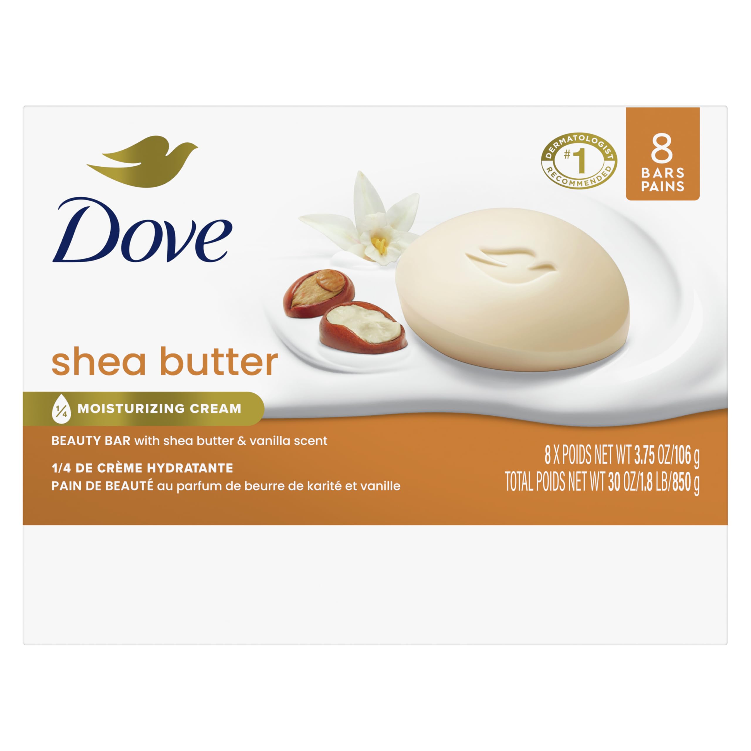Dove Beauty Bar Soap Shea Butter, 8 Bars for Nourished, Radiant Skin, Enriches Skin 3.75 oz