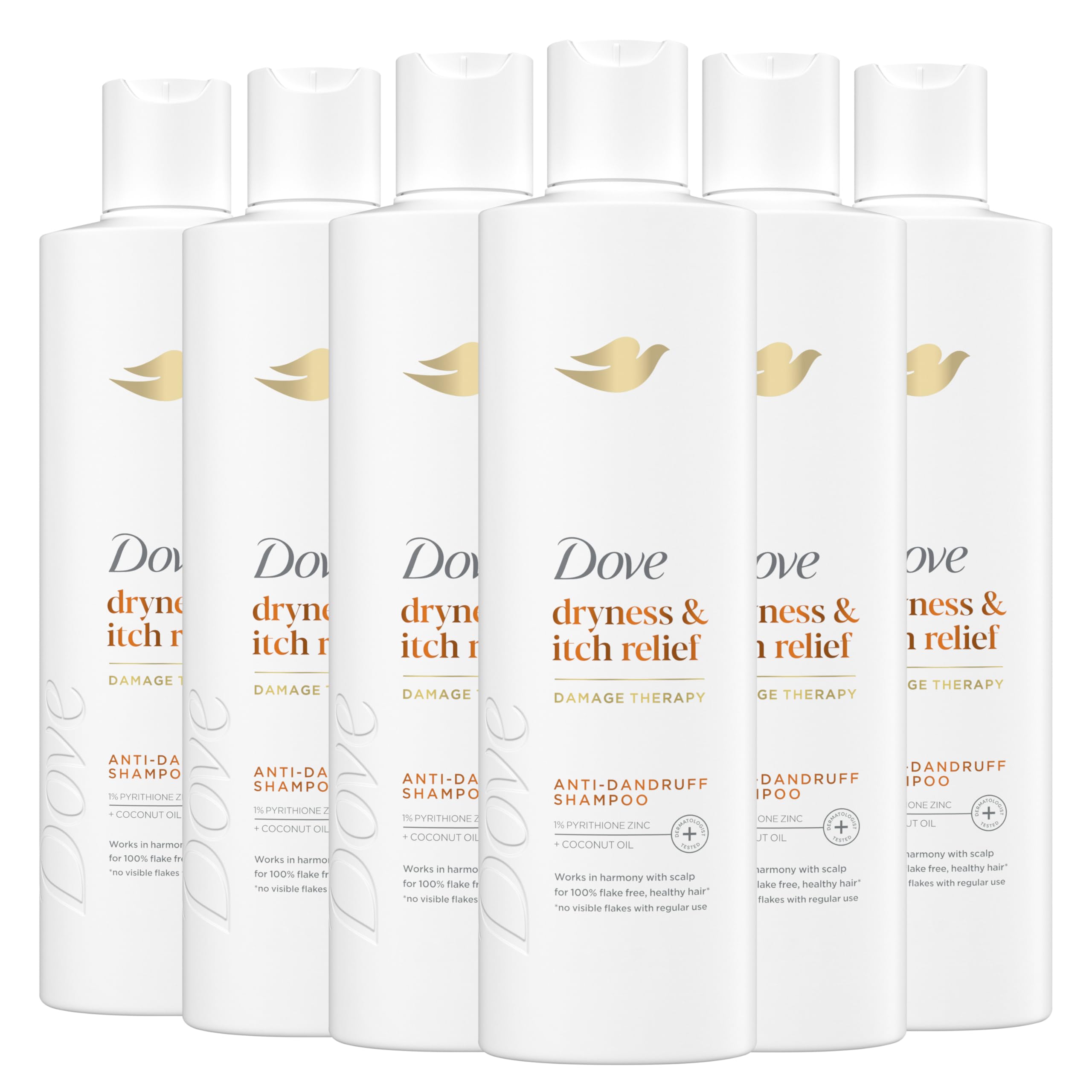 Dove Damage Therapy Derma Shampoo Pack of 6 Dryness + Itch for Flaky Scalp with Pyrithione Zinc and Coconut Oil 12 Fl Oz
