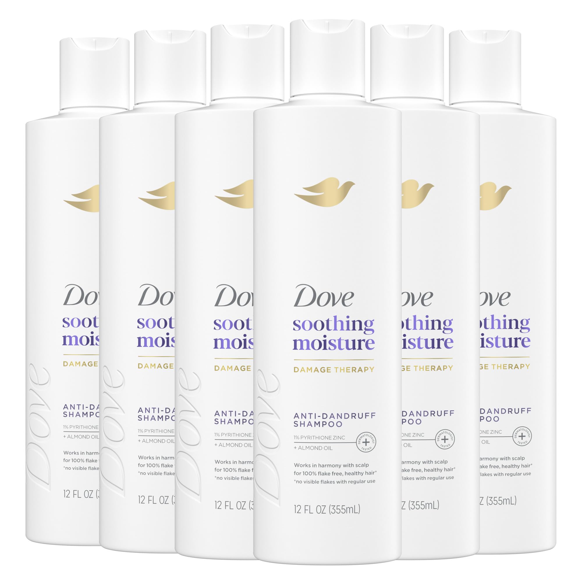 Dove Damage Therapy Derma Shampoo Soothing Moisture Pack of 6 for Flaky Scalp with Pyrithione Zinc and Almond Oil 12 Fl Oz