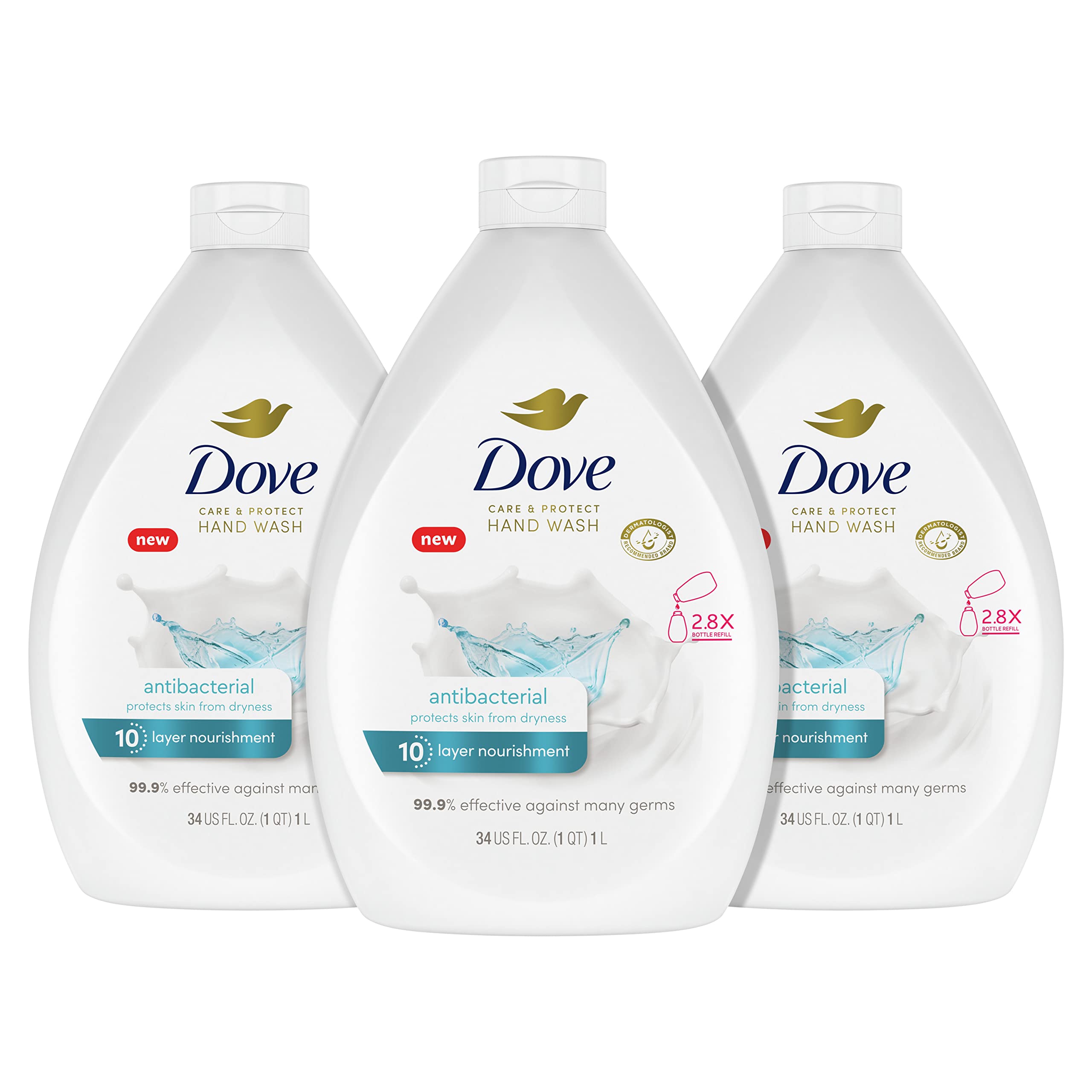 Dove Antibacterial Hand Wash Care & Protect Pack of 3 Protects Skin from Dryness, Moisturizers More Than The Leading Ordinary Hand Soap, 34 oz
