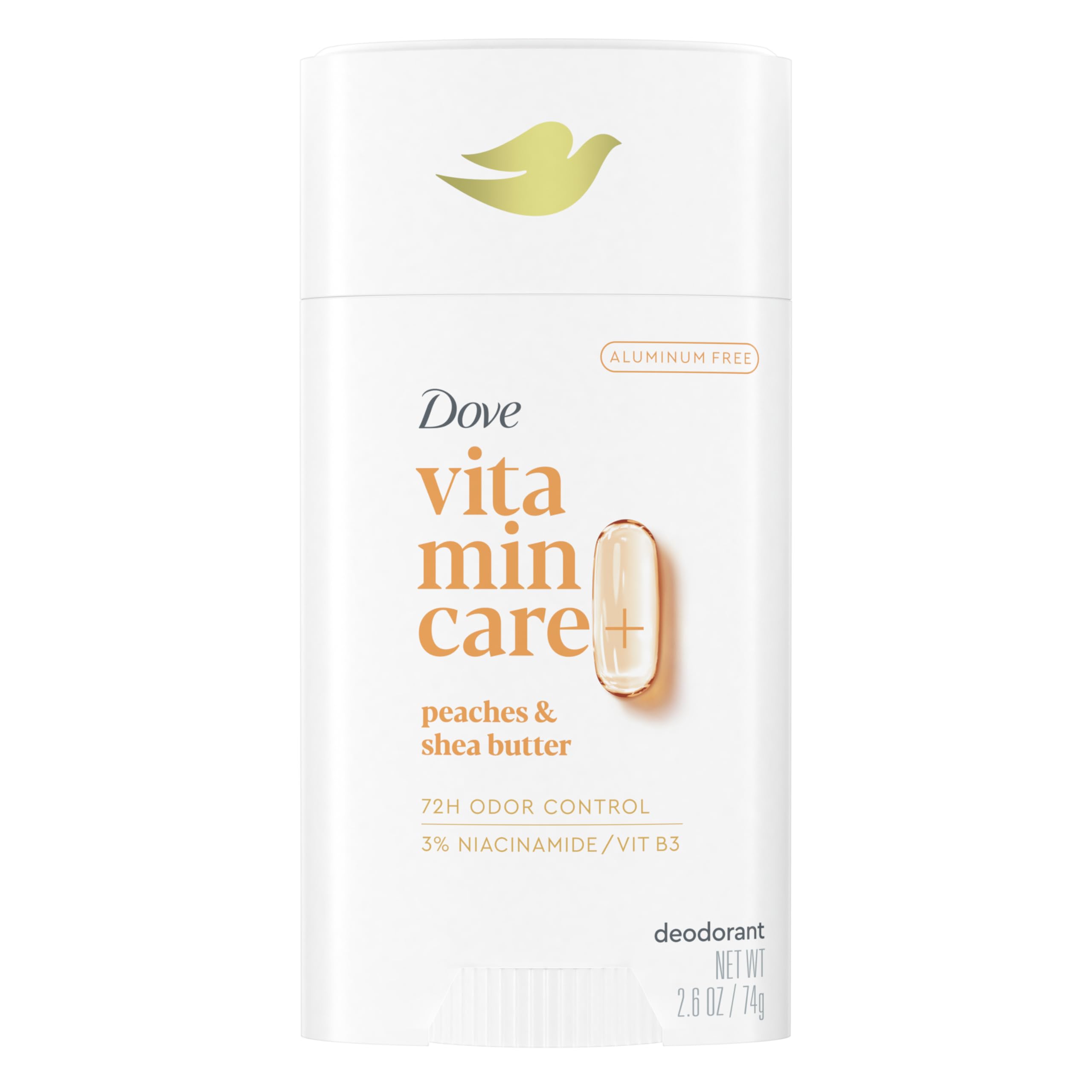 Dove VitaminCare+ Aluminum Free Deodorant Stick for 72H Odor Protection Peaches & Shea Butter Breathable Deodorant for Women 2.6 oz