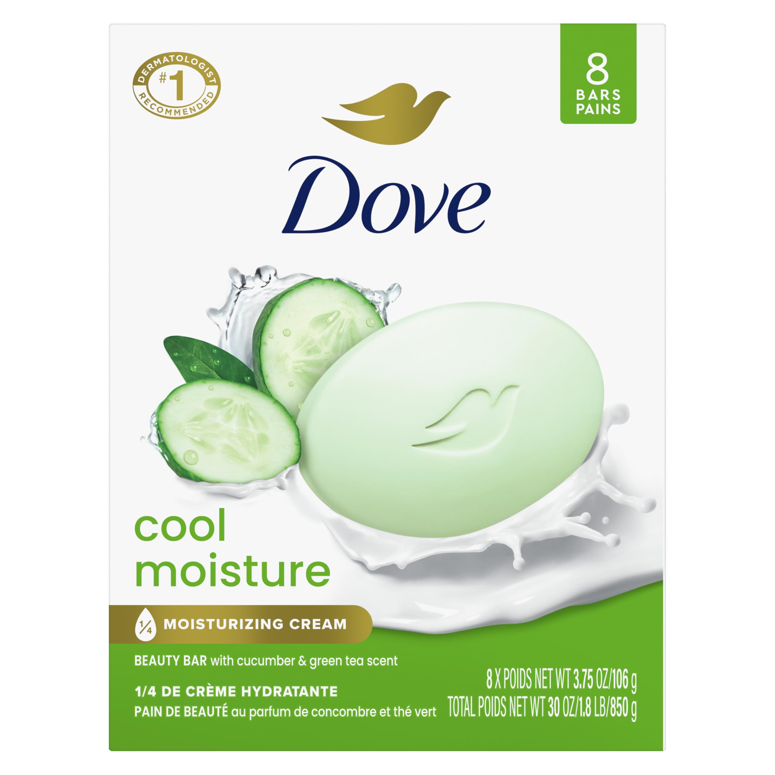 Dove Beauty Bar Soap Cool Moisture Cucumber & Green Tea Scent, 8 Bars for Refreshed Skin, Leaves Skin Refreshed 3.75 oz