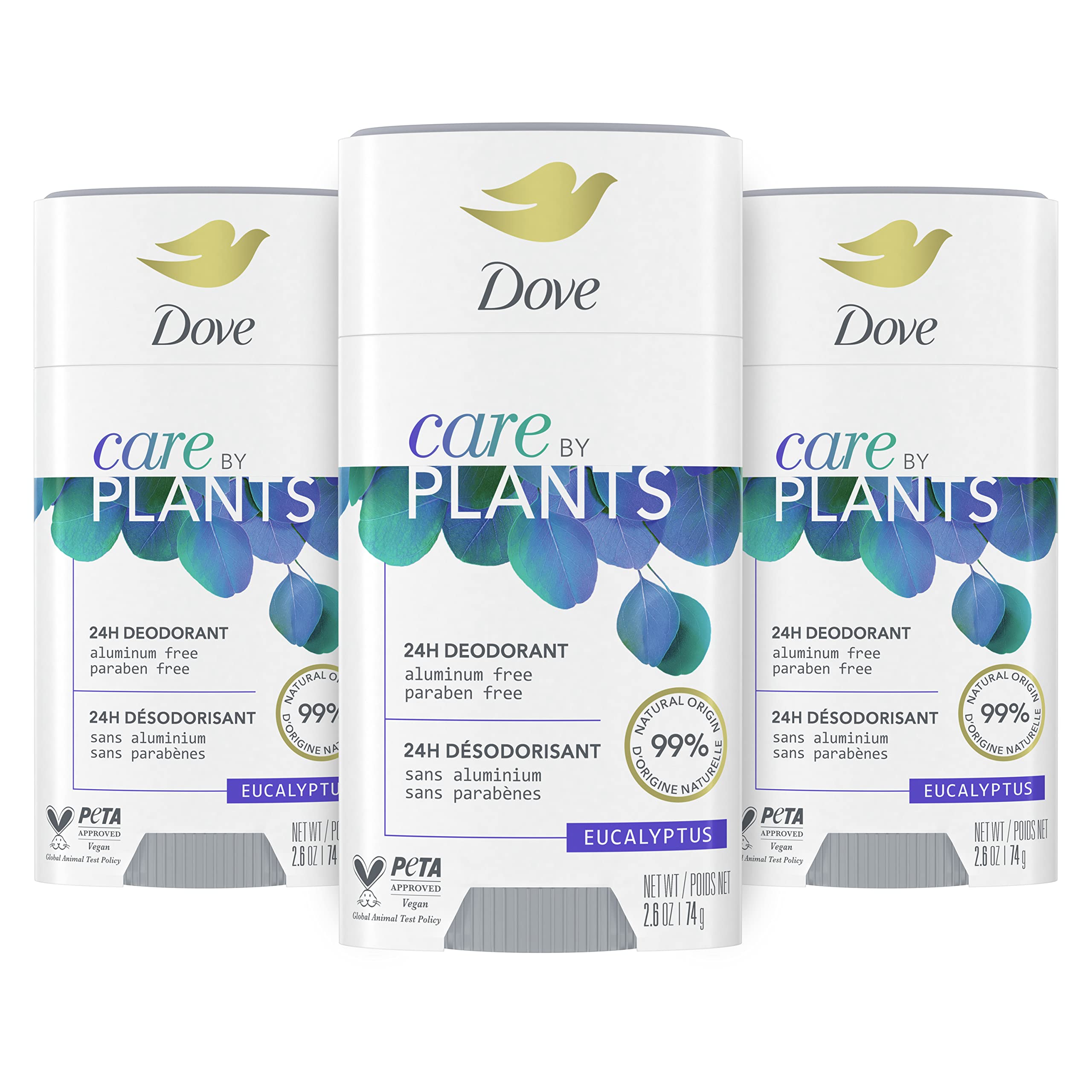 Dove Care by Plants Deodorant Stick for underarm skin care and 24 hour deodorant protection Eucalyptus no aluminum deodorant 2.6 oz 3 Count
