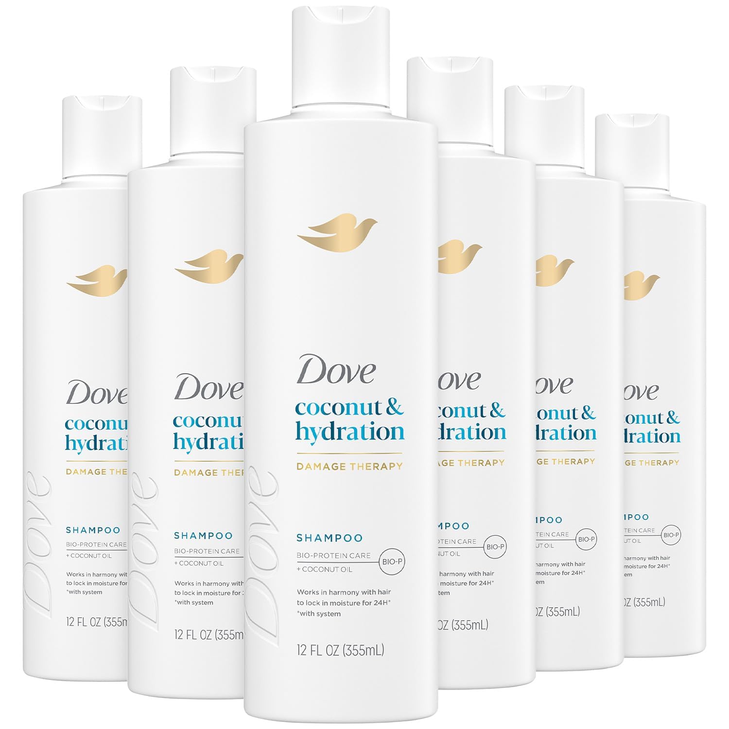 Dove Damage Therapy Shampoo 6-Pack, Coconut & Hydration, 24H Hydration for Revitalizing Dry, Damaged Hair, 12 Oz Ea