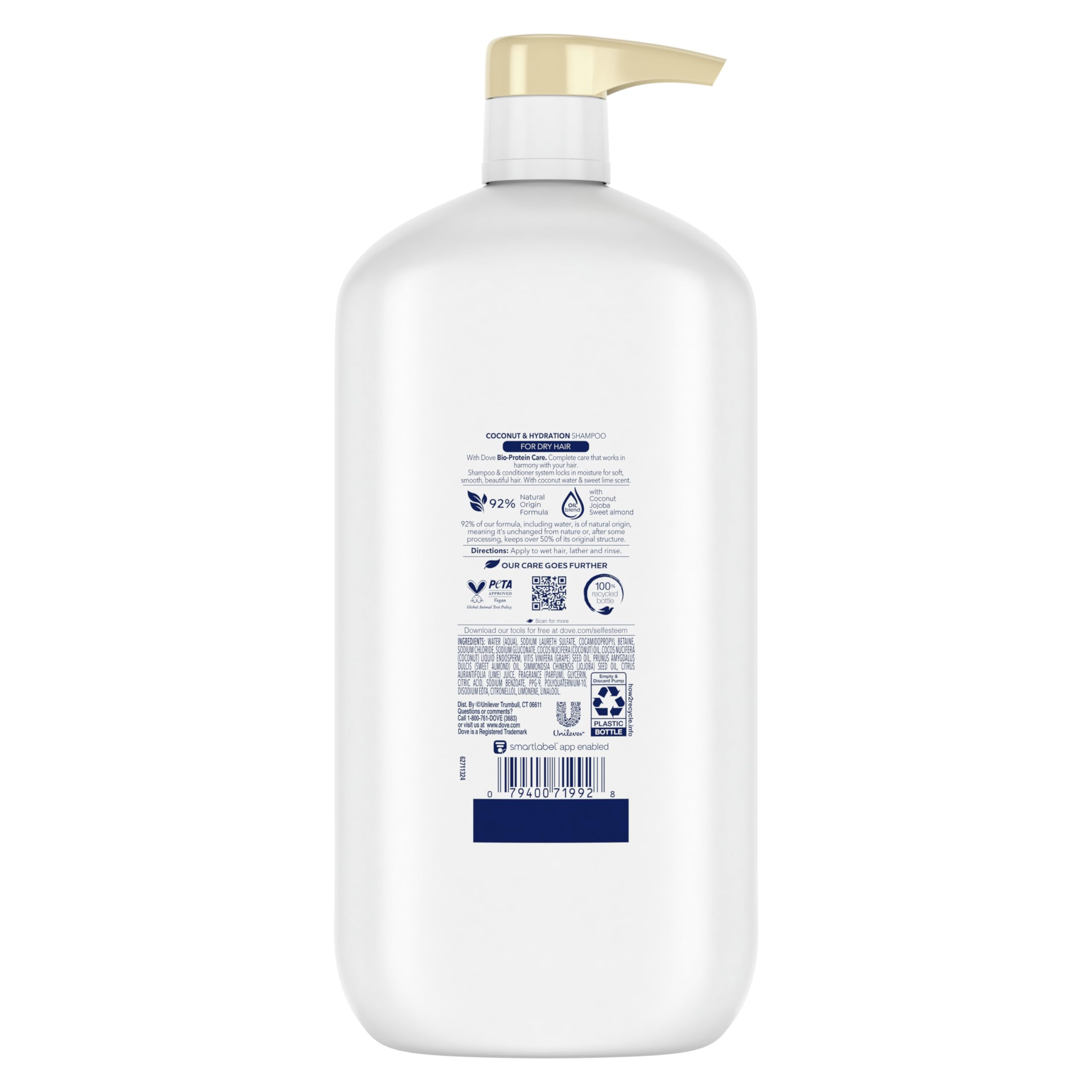 Dove Shampoo Coconut & Hydration Pack of 4 For Dry Hair Shampoo with Oil Blend of Coconut, Jojoba & Sweet Almond 31 oz