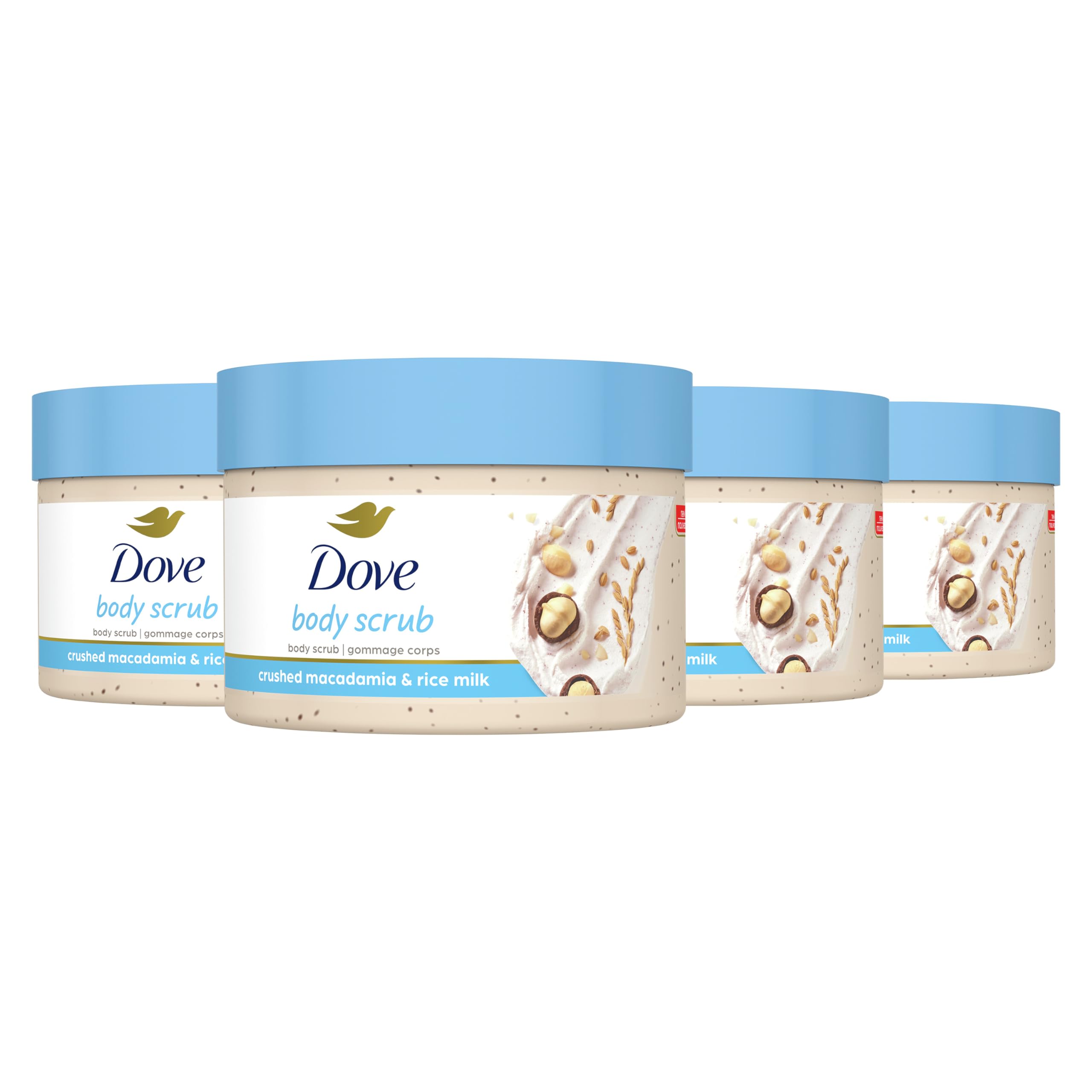 Dove Exfoliating Body Polish Scrub Reveals Visibly Smoother Skin Macadamia & Rice Milk Body Scrub That Nourishes Skin, 10.5 oz, 4 Count
