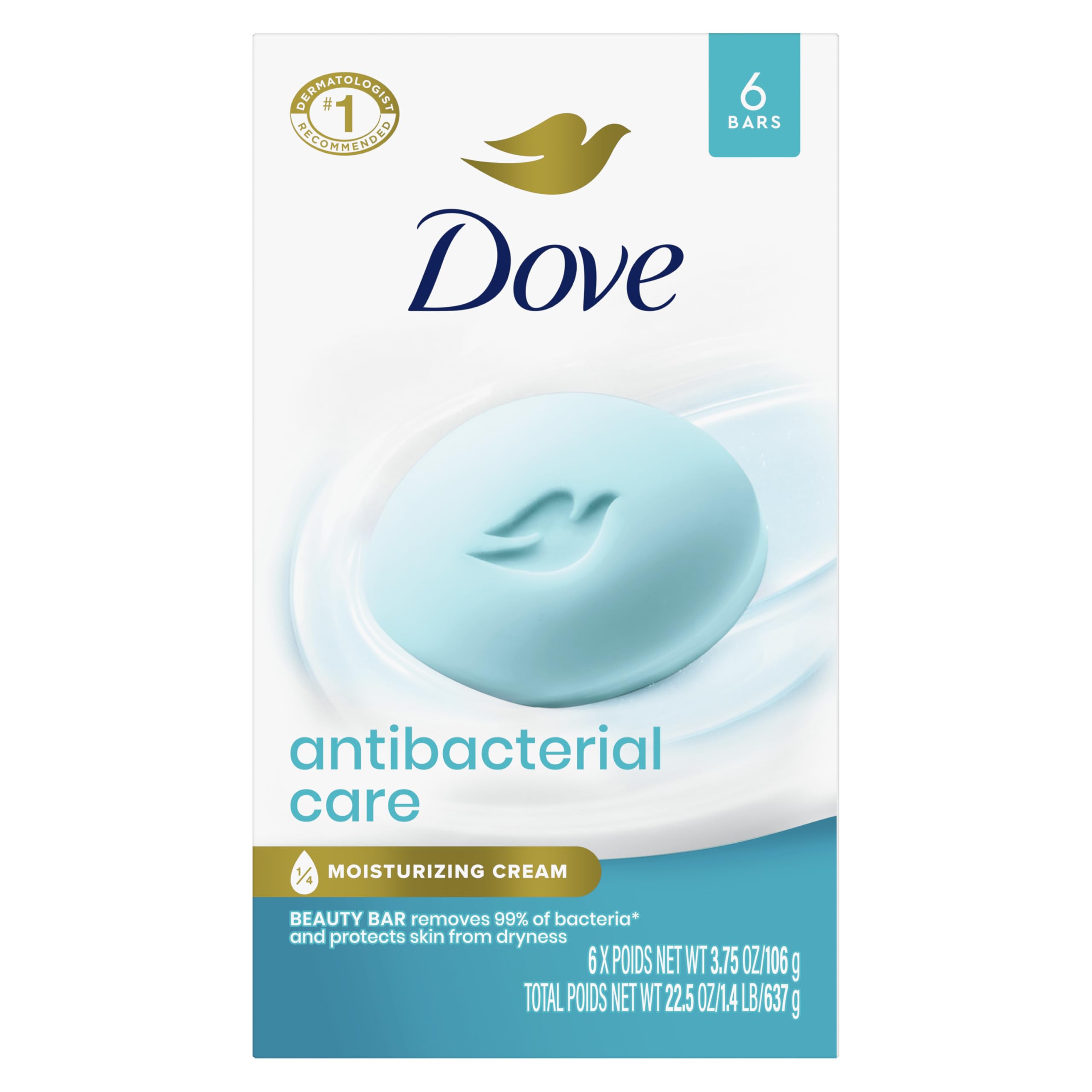 Dove Beauty Bar Soap Antibacterial Care 6 Count For Clean, Moisturized Skin, Removes Bacteria 3.75 oz