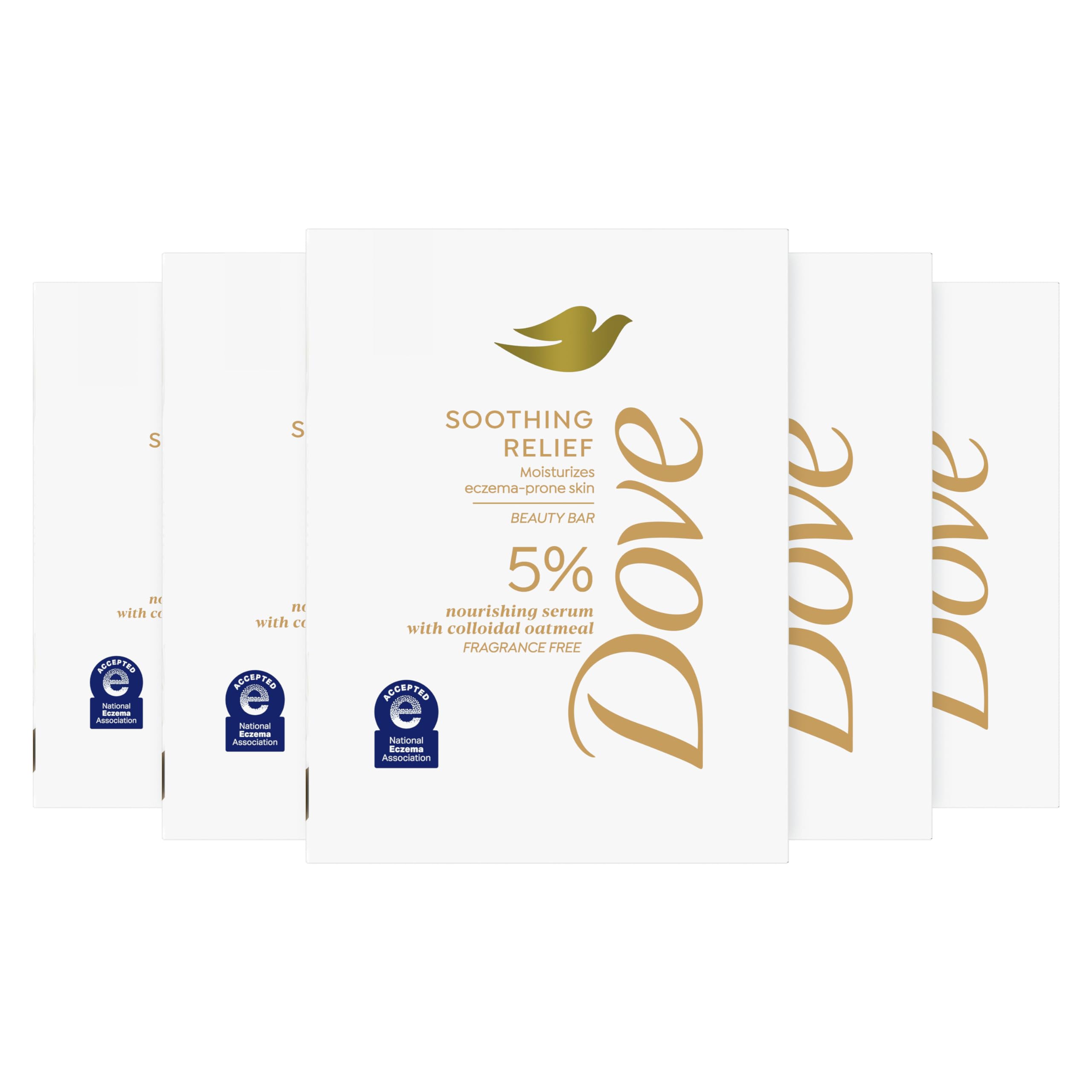 Dove Fragrance Free Beauty Bar Soothing Relief 5 Bars Moisturizes eczema-prone skin 5% nourishing serum with colloidal oatmeal 7.5 oz
