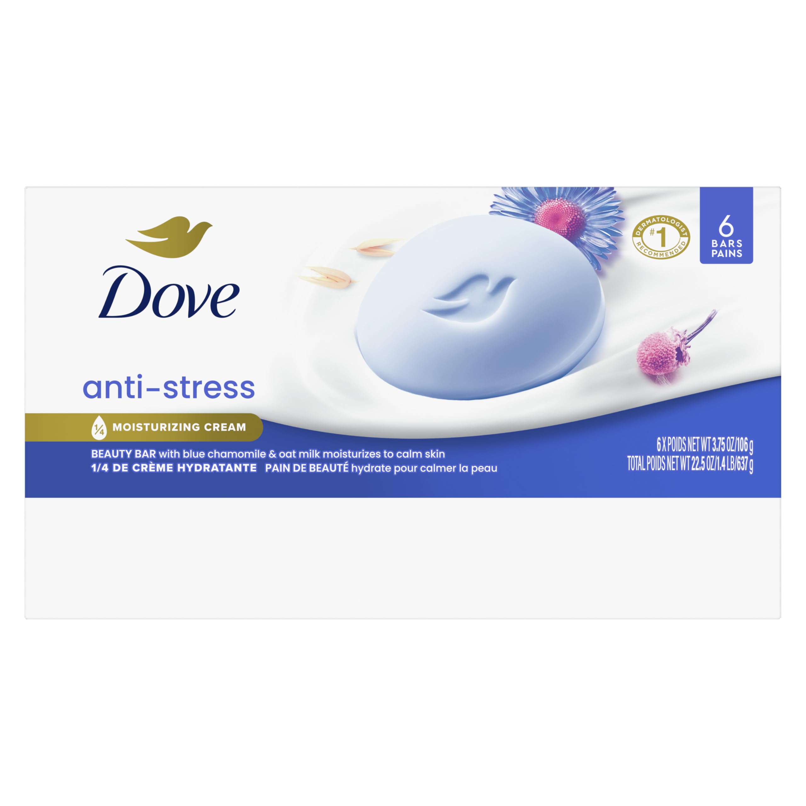 "Dove Anti-Stress Blue Chamomile And Oat Milk Moisturizes to Calm Skin Soap 106g Pack Of 6
