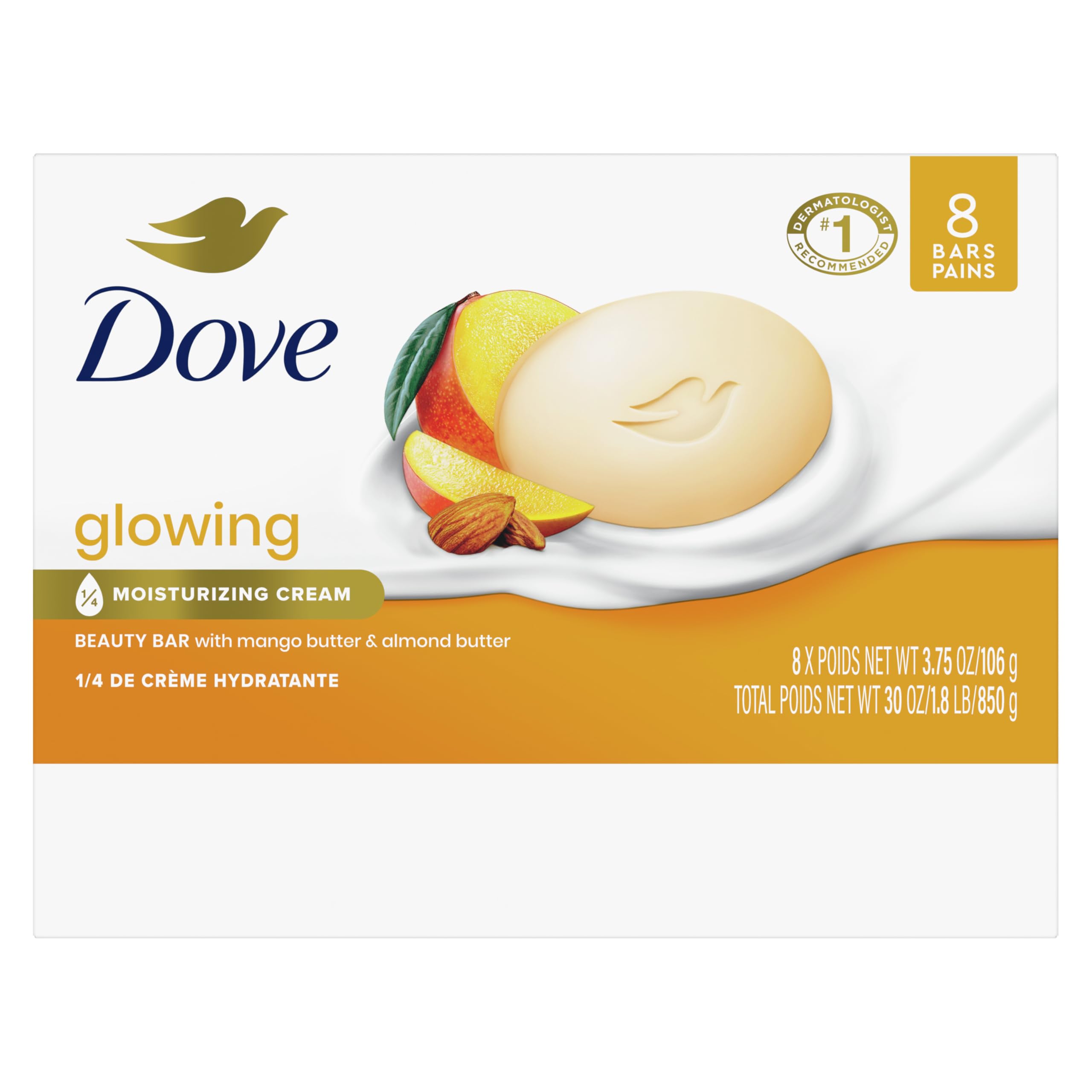 Dove Beauty Bar Soap Glowing Mango & Almond Butters, 8 Bars for Radiant Skin, Illuminates Skin 3.75 oz