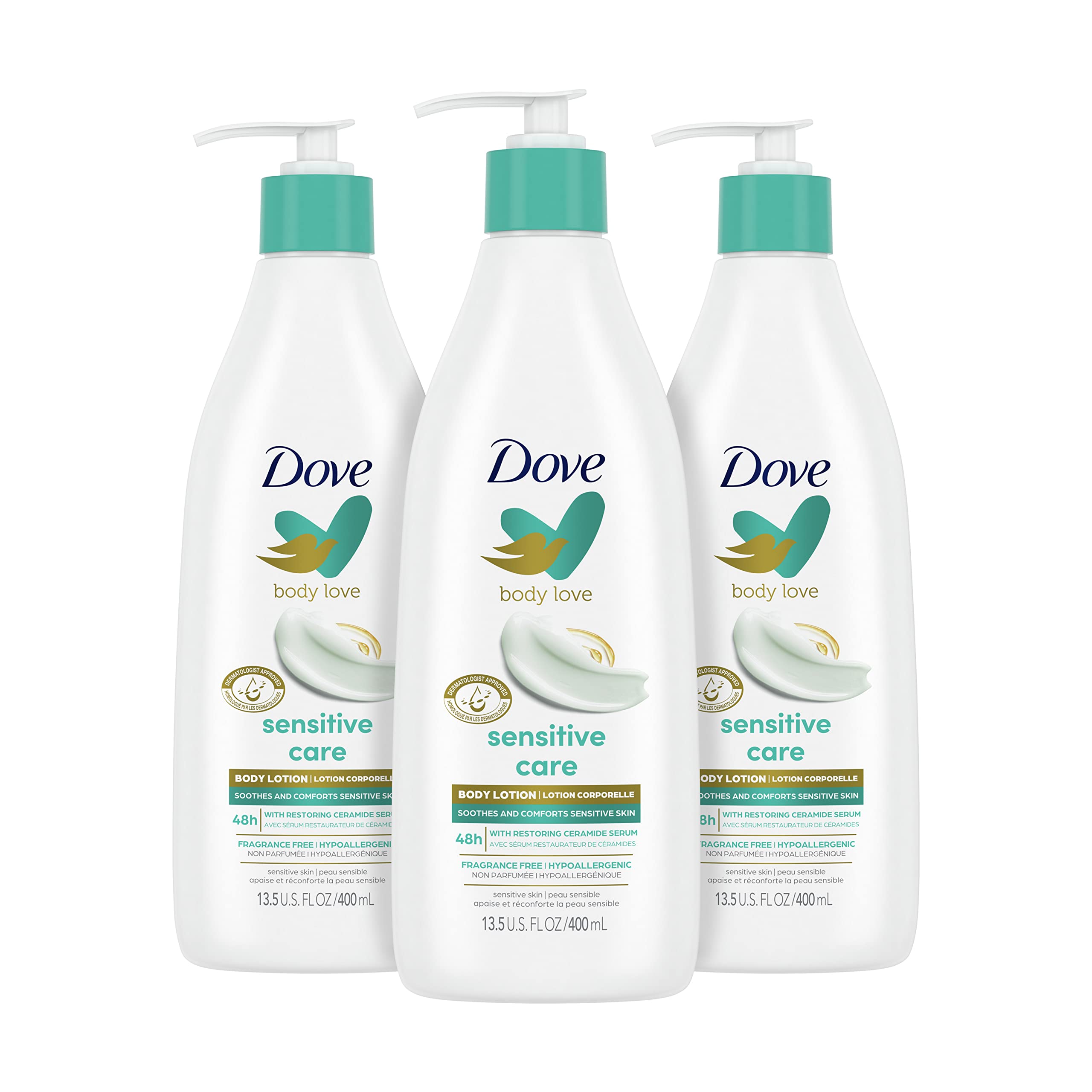 Dove Body Love Sensitive Care Body Lotion Pack of 3 Soothes and Comforts Sensitive Skin Hypoallergenic Lotion with Restoring Ceramide Serum 13.5 oz