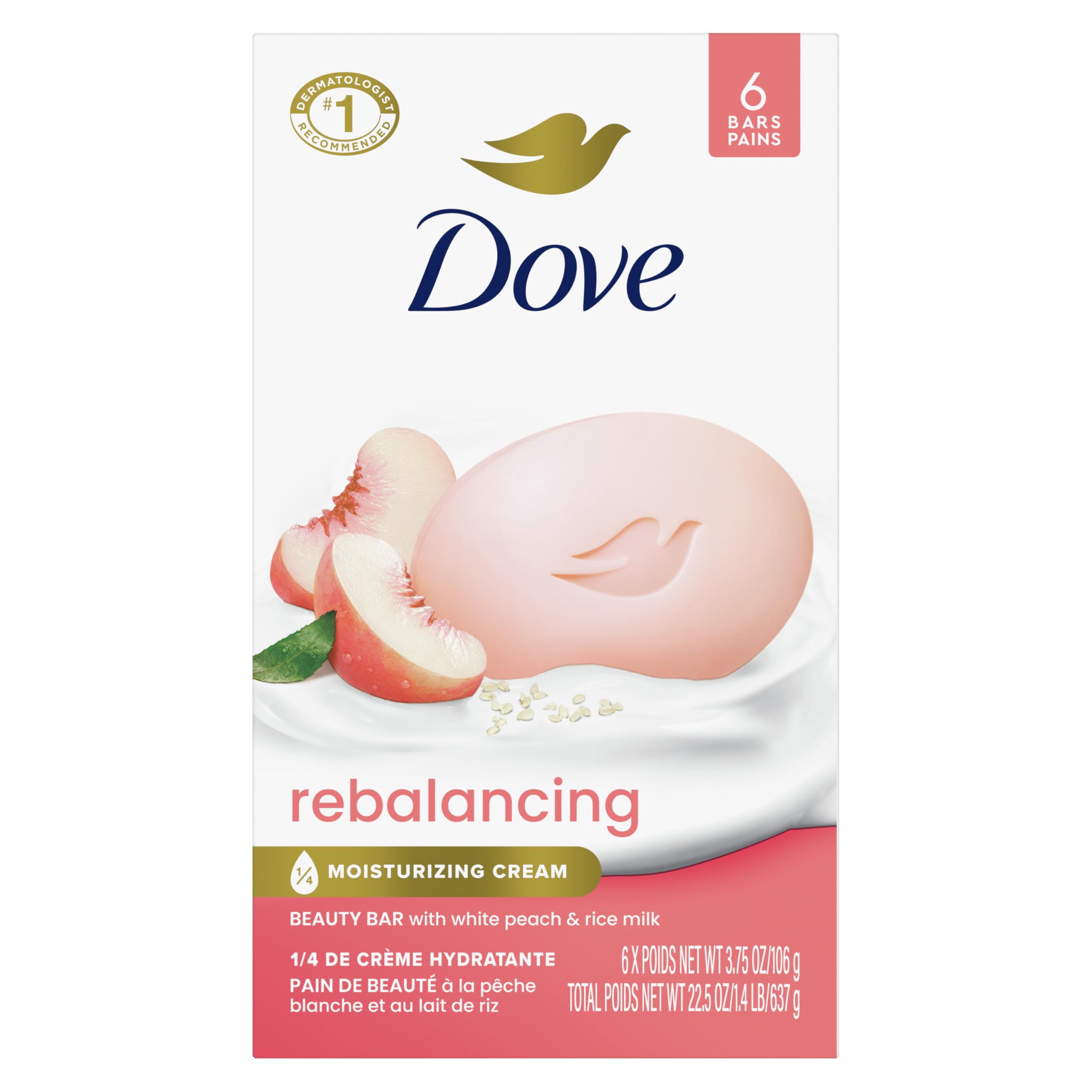 Dove Beauty Bar Soap Rebalancing White Peach & Rice Milk 6 Count for a Nourished and Moisturized Skin, with ¼ Moisturizing Cream Plant-Based Formula, 3.75 oz