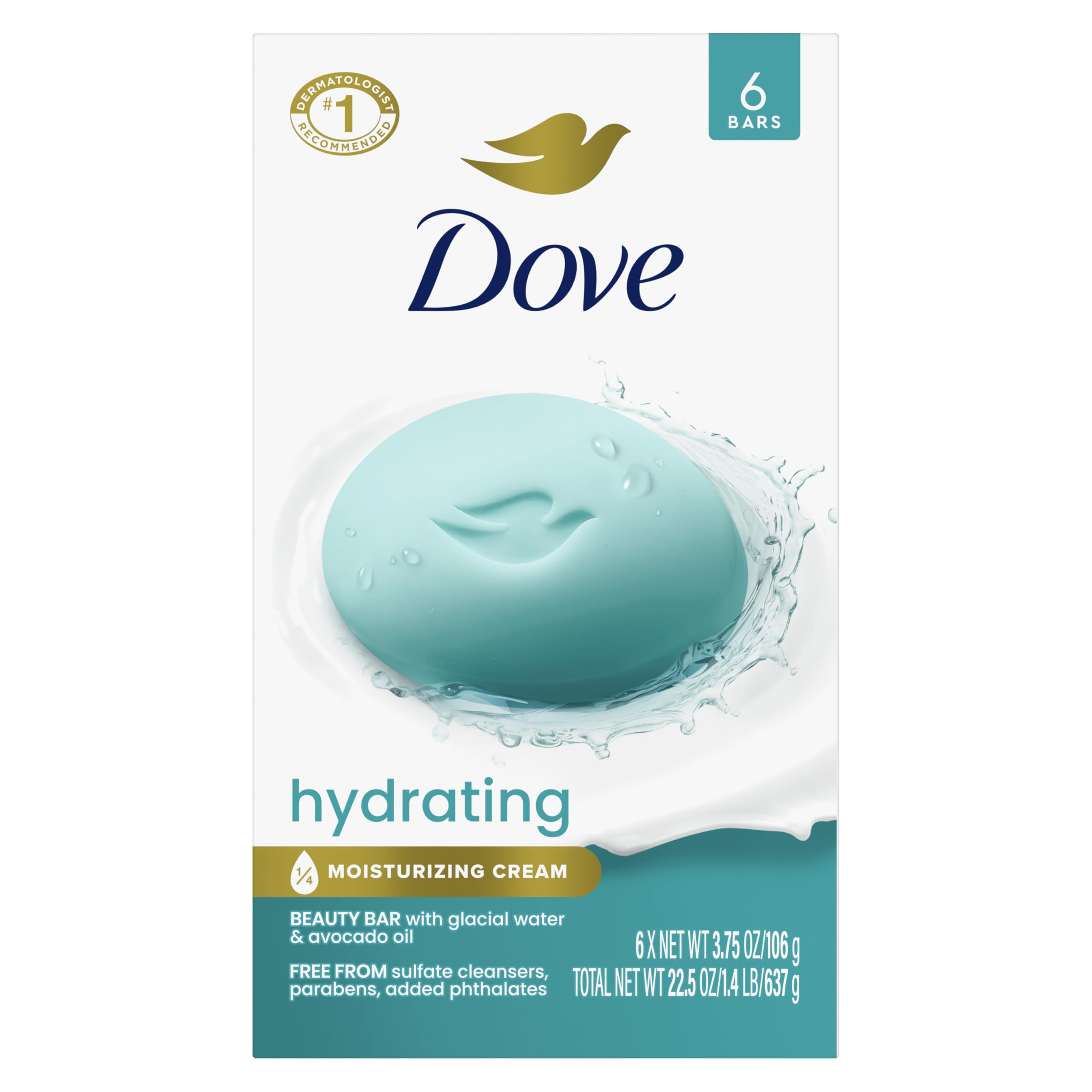Dove Beauty Bar 6 Pack Hydrating with Glacial water & Avocado oil Cleanses & Hydrates 3.75 Oz
