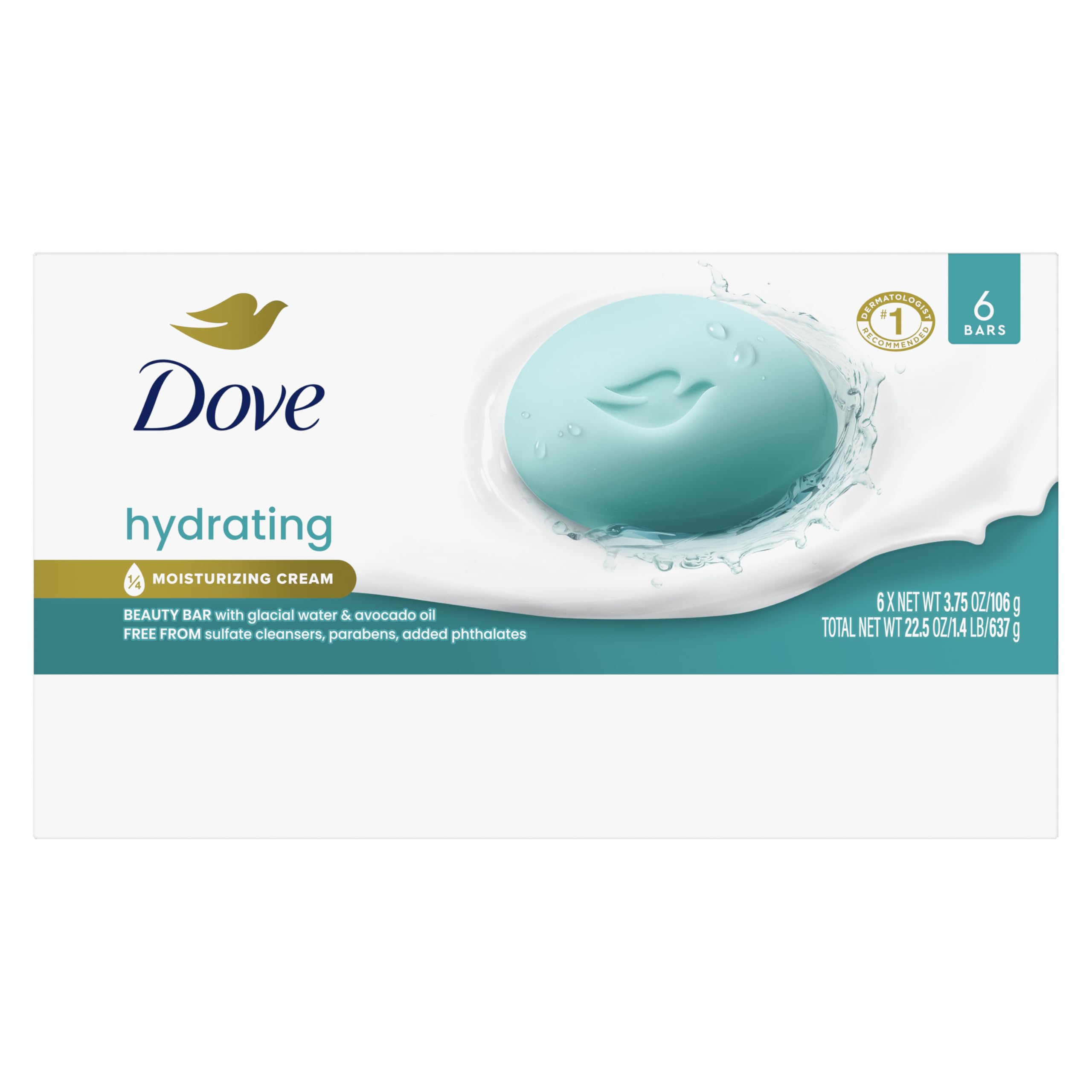 Dove Beauty Bar 6 Pack Hydrating with Glacial water & Avocado oil Cleanses & Hydrates 3.75 Oz