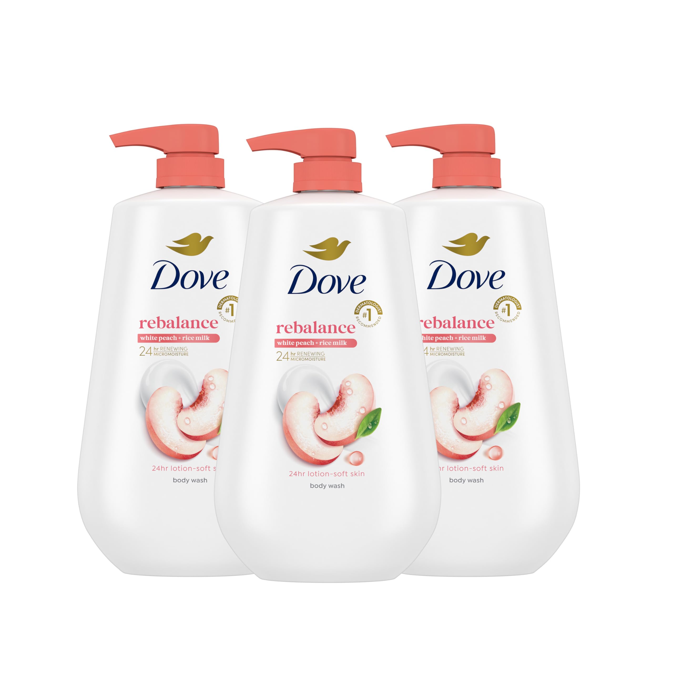 Dove Body Wash 3 Count Rebalance White Peach & Rice Milk For 24hr Lotion-Soft Skin Moisturizing Skin Cleanser with No Sulfates No Parabens