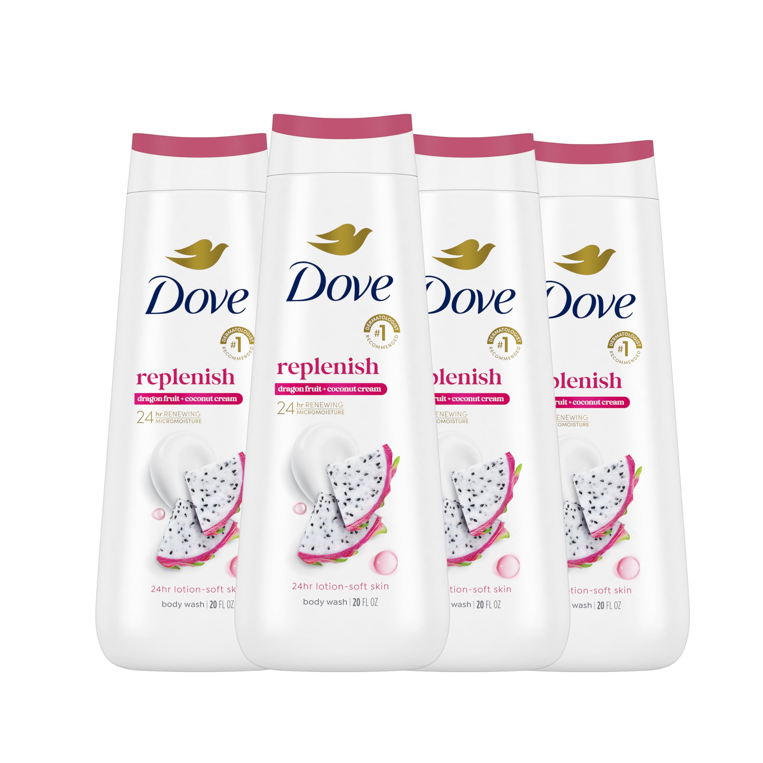 Dove Body Wash 4 Count for 24hr Lotion-Soft Skin Replenish Dragon Fruit and Coconut Cream Moisturizing Skin Cleanser with No Sulfates No Parabens