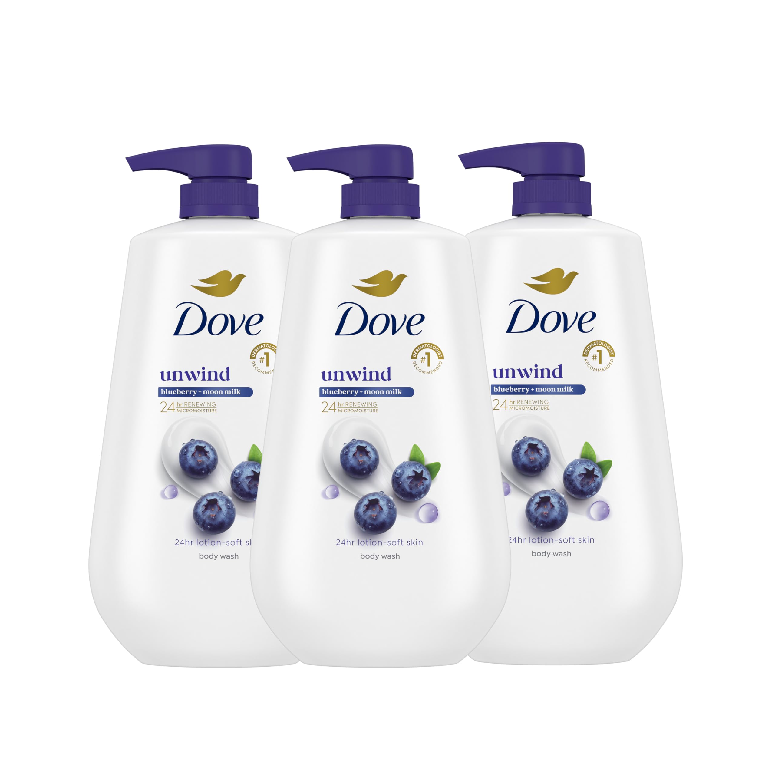 Dove Body Wash 3 Count Unwind Blueberry & Moon Milk For 24hr Lotion-Soft Skin Moisturizing Skin Cleanser with No Sulfates No Parabens