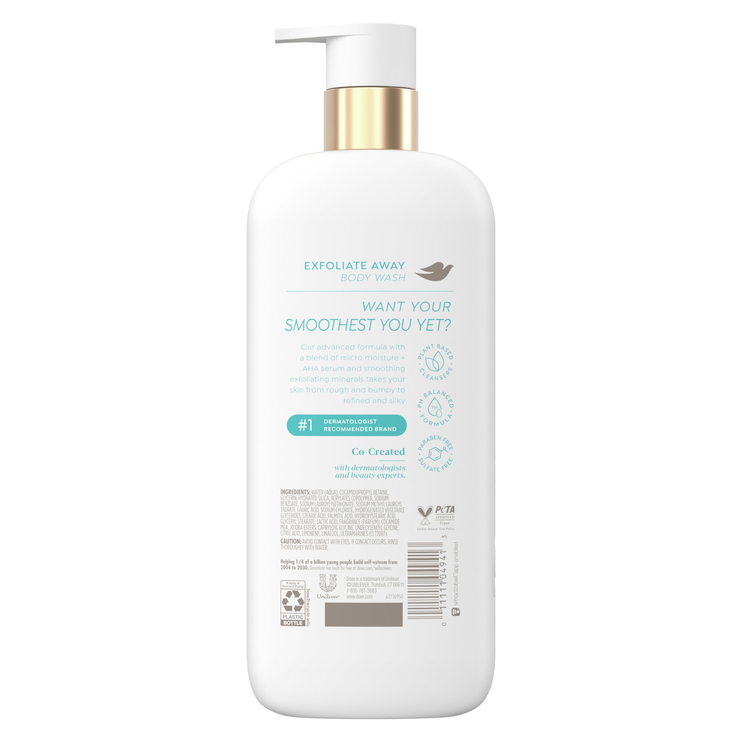 Dove Body Wash Exfoliate Away Micro-polishes for silkier skin 4% refining serum with AHA 18.5 oz