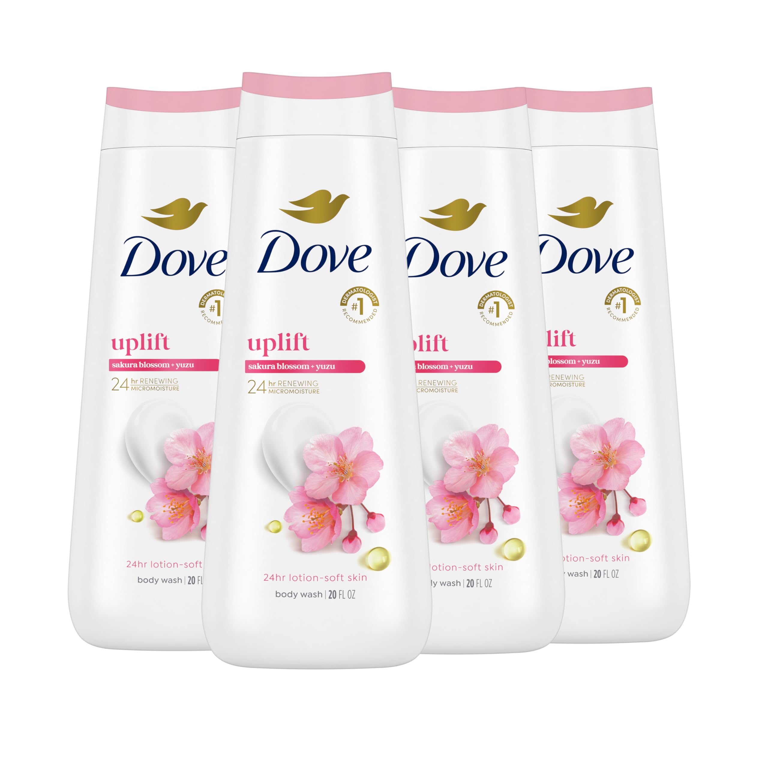 Dove Body Wash 4 Count for 24hr Lotion-Soft Skin Uplift Sakura Blossom and Yuzu Moisturizing Skin Cleanser with No Sulfates No Parabens