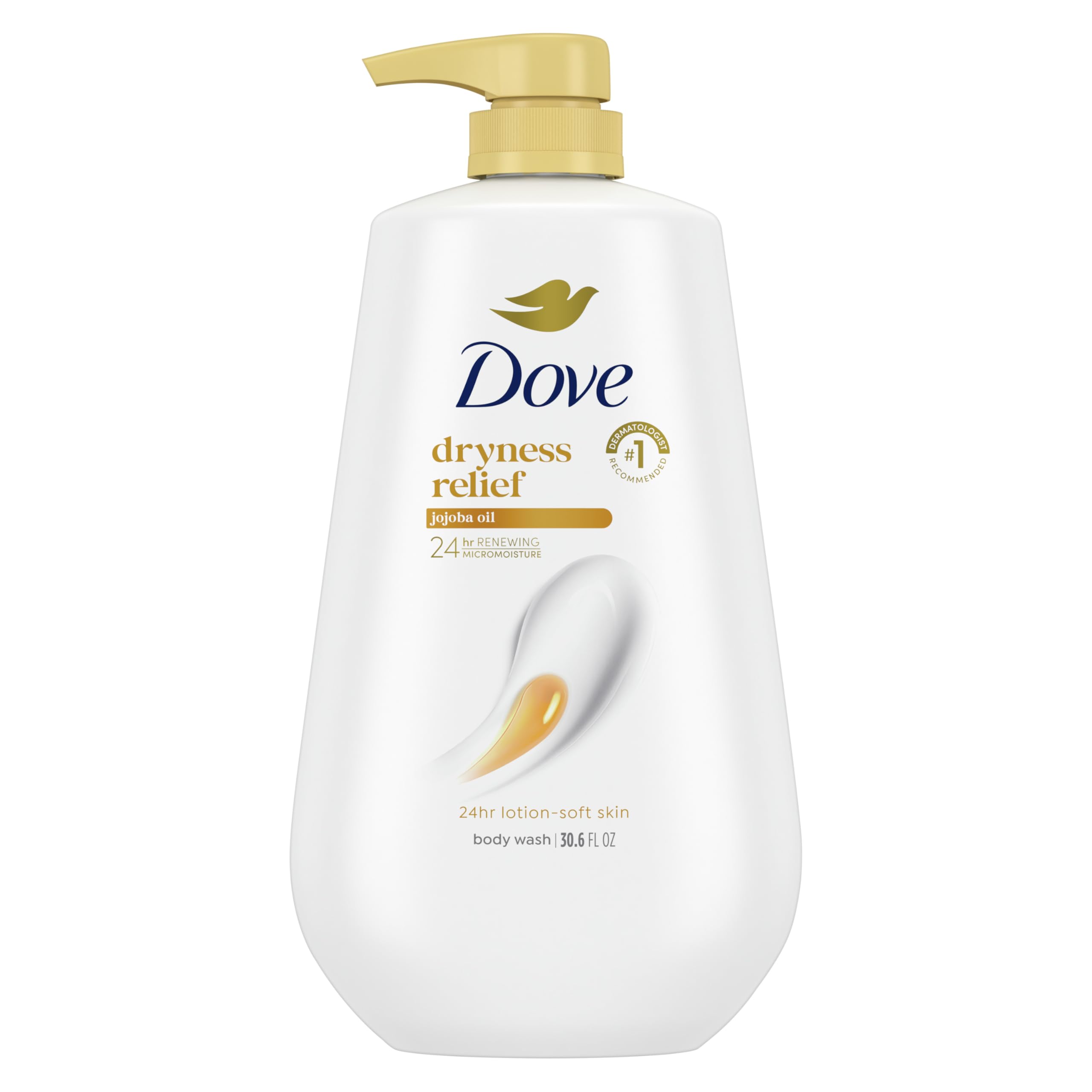 Dove Body Wash with Pump Dryness Relief with Jojoba Oil For 24hr Lotion-Soft Skin Moisturizing Skin Cleanser with No Sulfates No Parabens 30.6 oz
