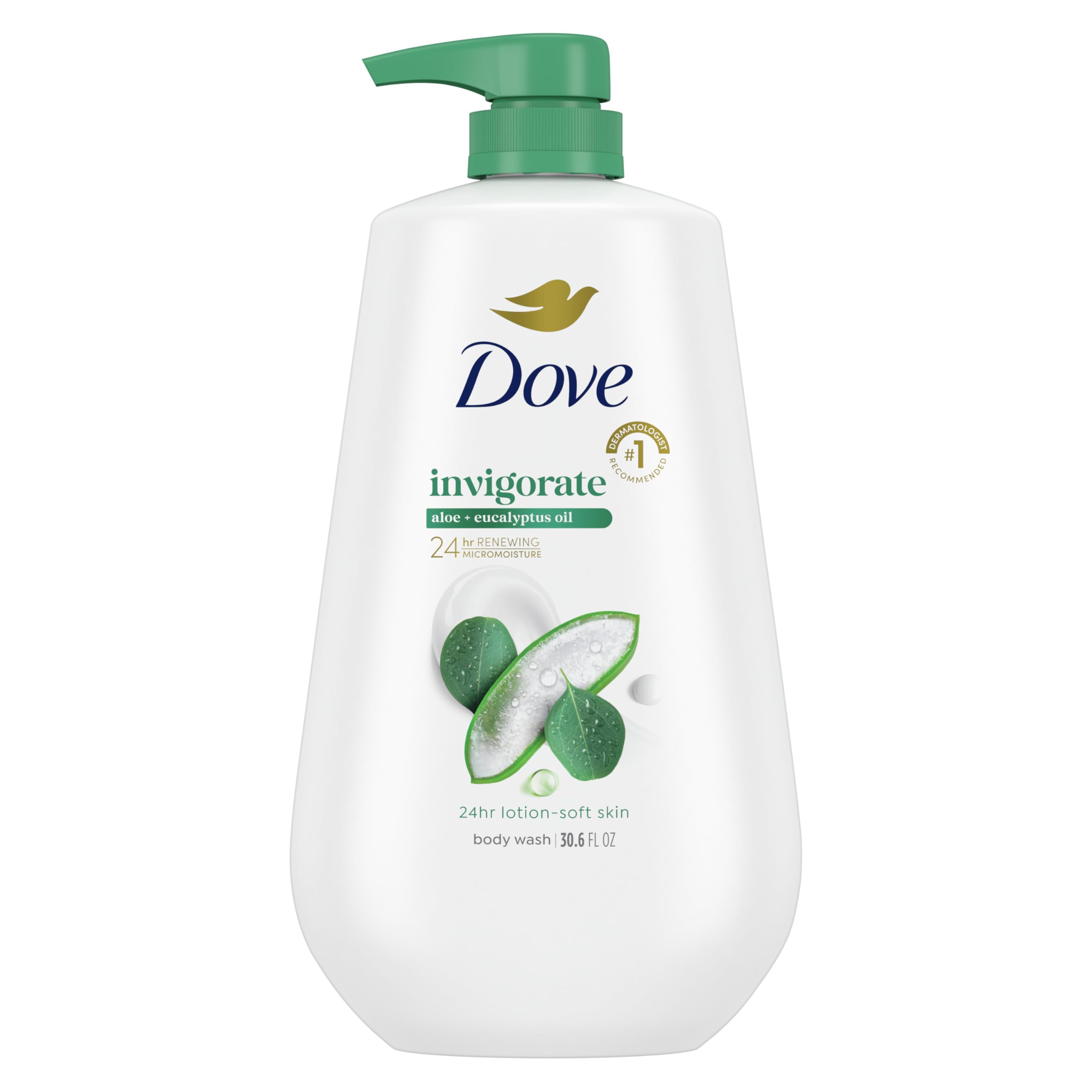 Dove Body Wash with Pump Invigorate Aloe & Eucalyptus For 24hr Lotion-Soft Skin Moisturizing Skin Cleanser with No Sulfates No Parabens 30.6 Oz