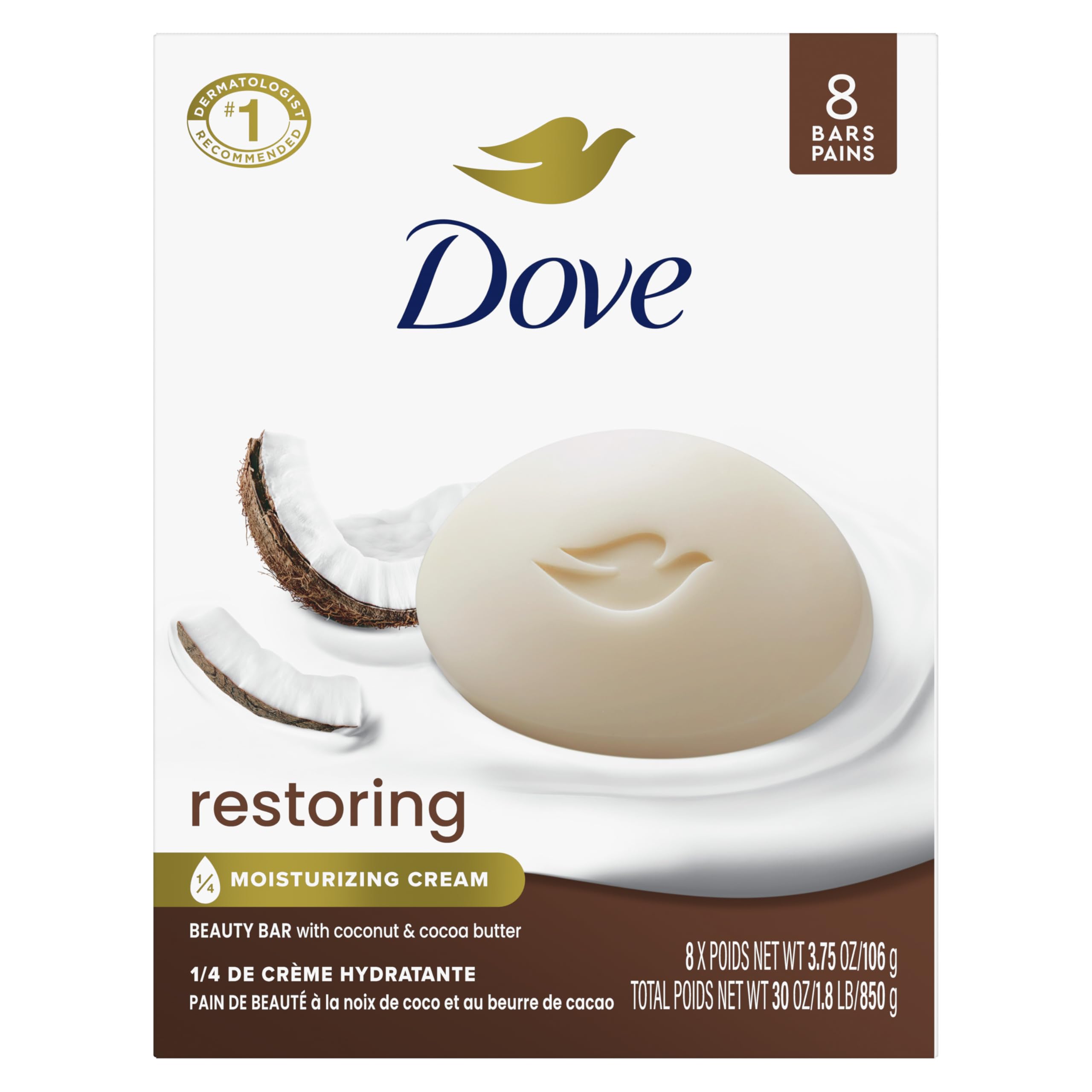 Dove Beauty Bar Soap Restoring Coconut & Cocoa Butter, 8 Bars for Restored Skin, Nourishes Skin 3.75 oz