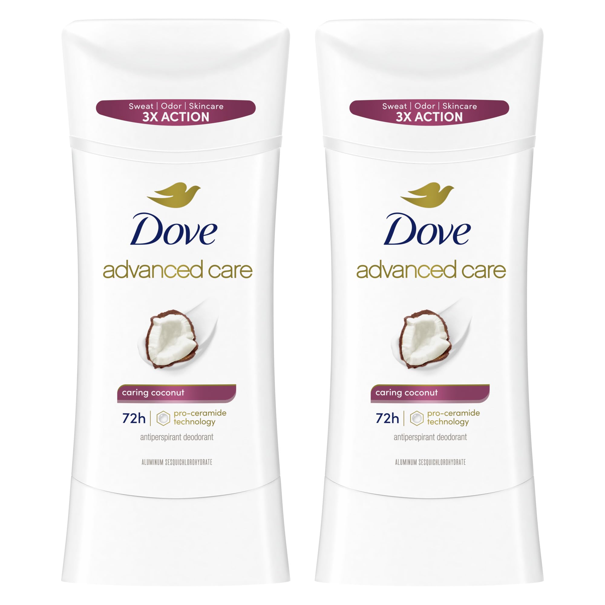 Dove Advanced Care Antiperspirant Caring Coconut, 2 Count Deodorant Stick for Women, for 48 Hour Protection And Soft And Comfortable Underarms, 2.6 oz