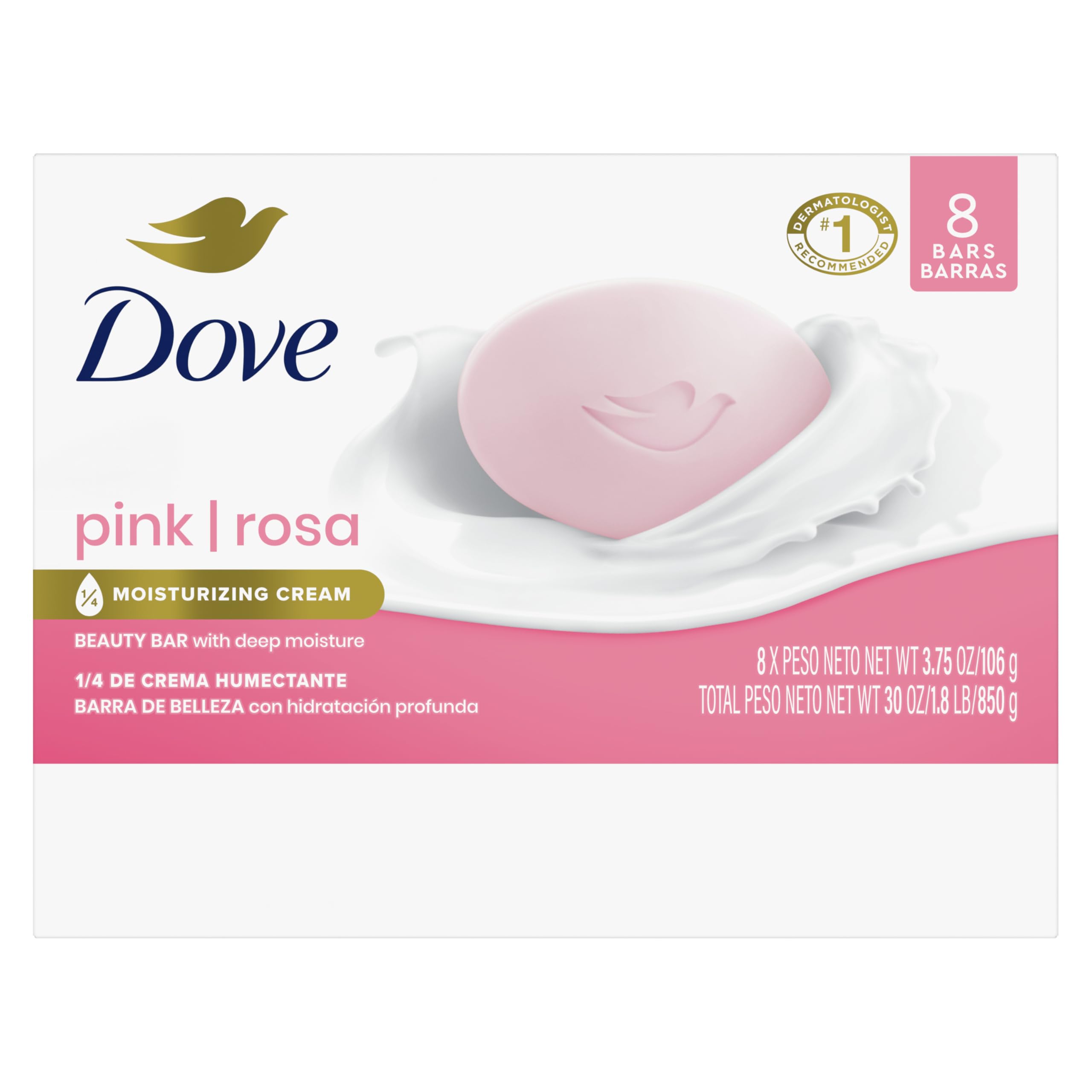 Dove Beauty Bar Soap Pink Rosa, 8 Bars for Soft, Smooth Skin, Cleans & Moisturizes 3.75 oz