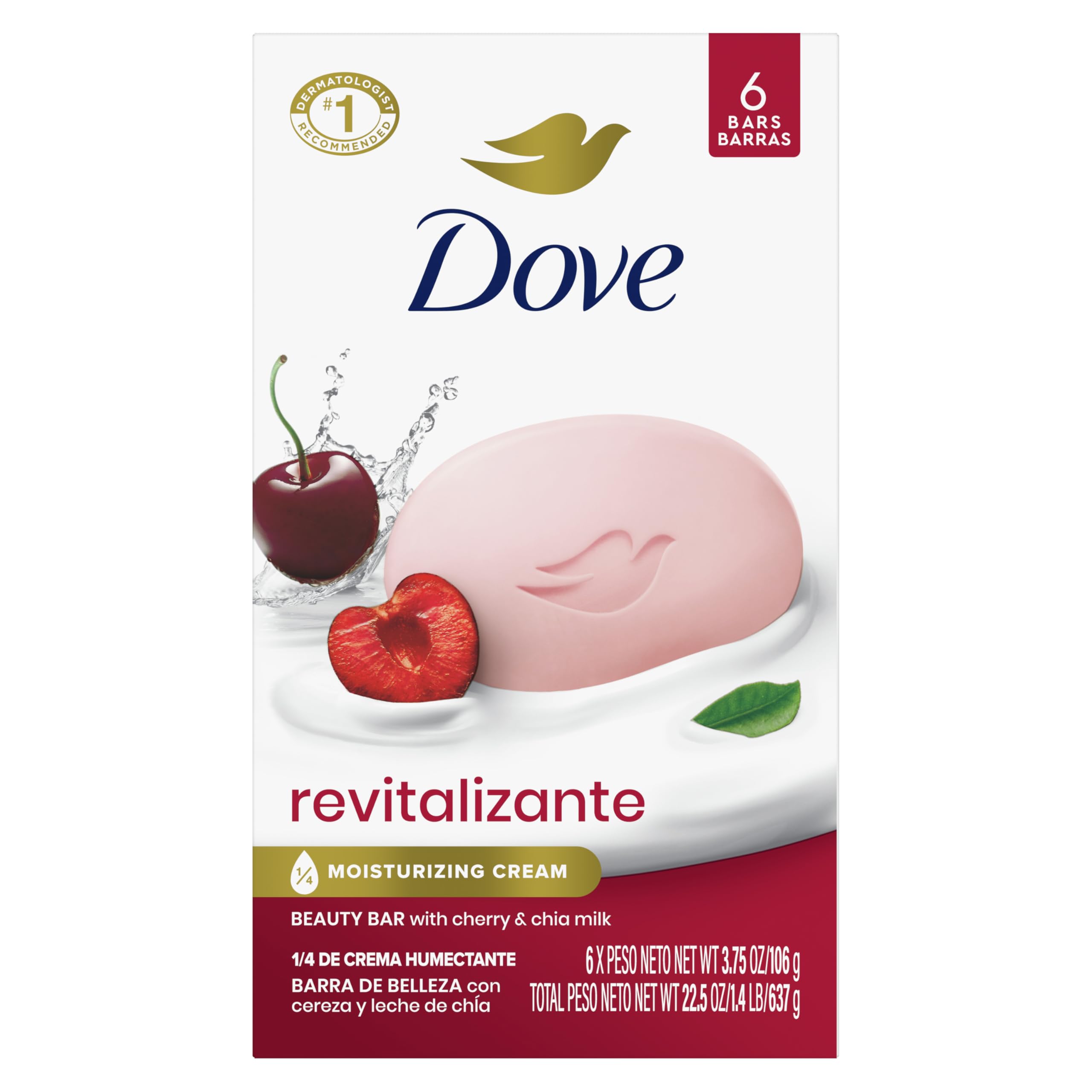Dove Beauty Bar Soap Revitalizante Cherry & Chia Milk, for Revitalized Skin, 6 Bars A Skin Energy Boost 3.75 oz