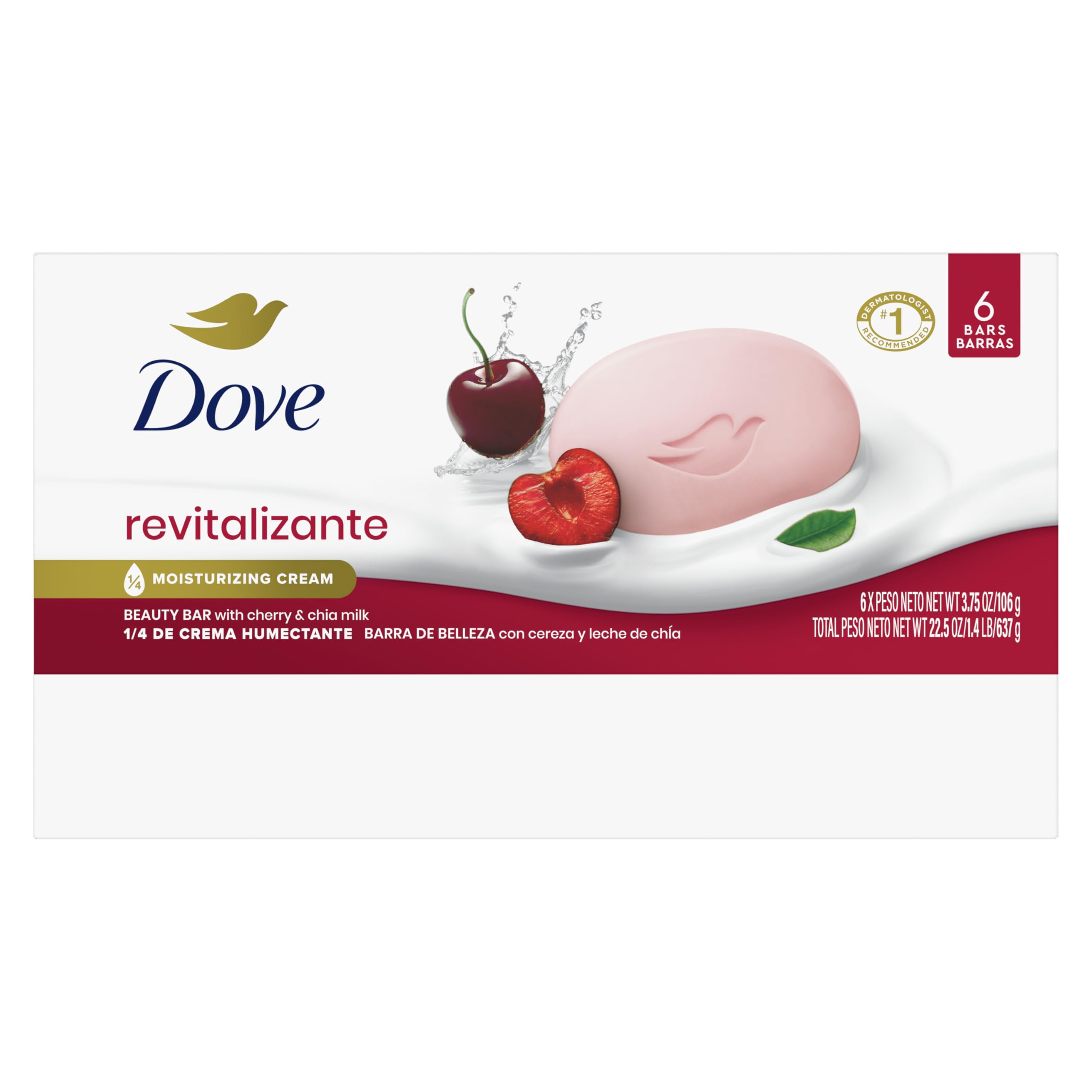Dove Beauty Bar Soap Revitalizante Cherry & Chia Milk, for Revitalized Skin, 6 Bars A Skin Energy Boost 3.75 oz