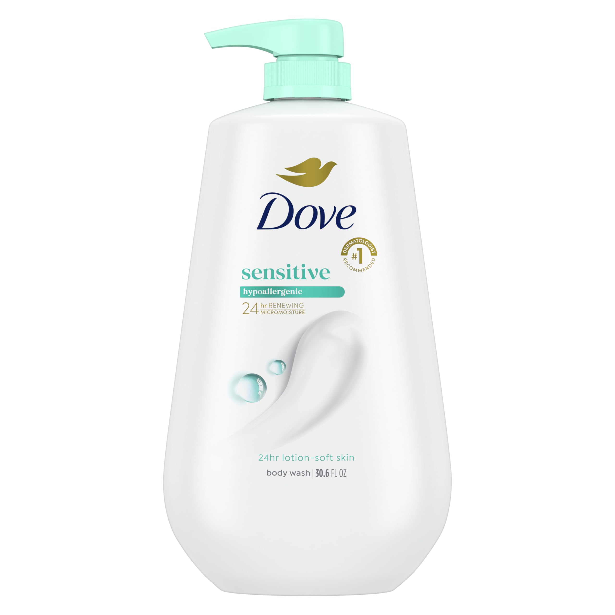 Dove Body Wash with Pump Sensitive Skin For 24hr Lotion-Soft Skin Moisturizing Skin Cleanser Gentle Hypoallergenic Formula with No Sulfates No Parabens 30.6 oz