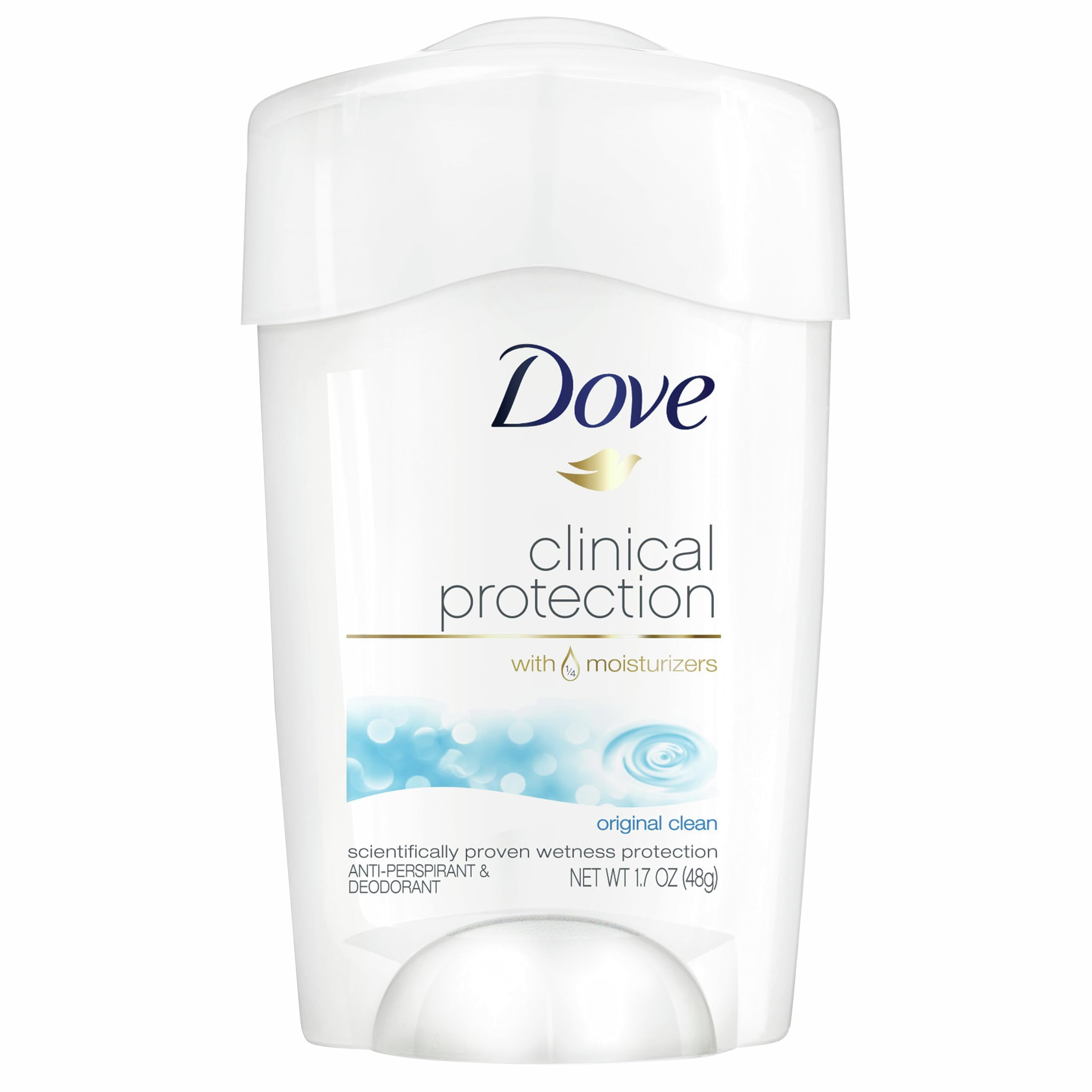 Dove Clinical Protection Antiperspirant Deodorant For Sweat and Odor Protection Original Clean Antiperspirant For Women Made With 1/4 Moisturizers 1.7 oz
