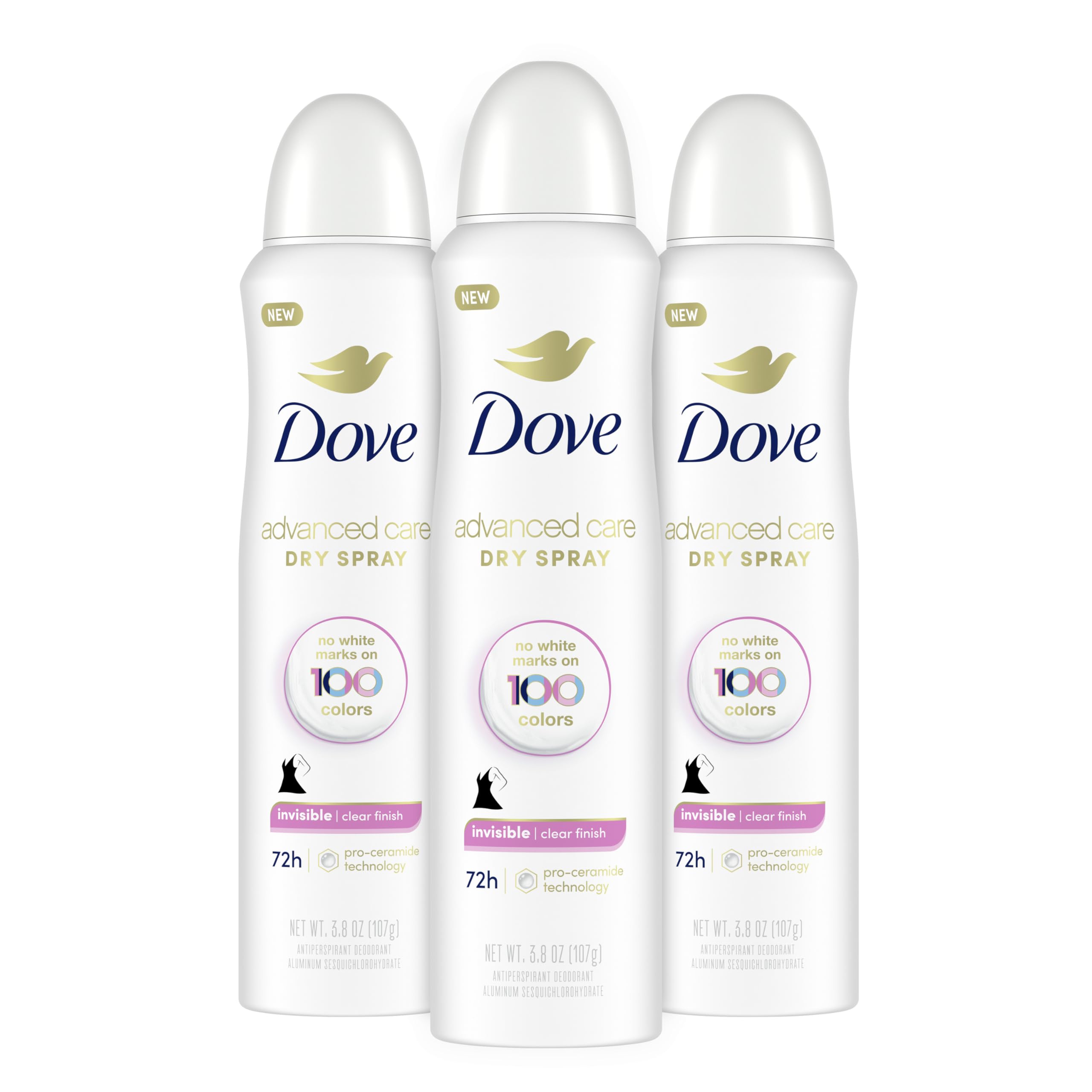 Dove Advanced Care Antiperspirant Deodorant Spray Clear Finish 3 Count Invisible antiperspirant deodorant tested on 100 colors 72-hour odor and sweat protection with Pro-Ceramide technology 3.8 oz