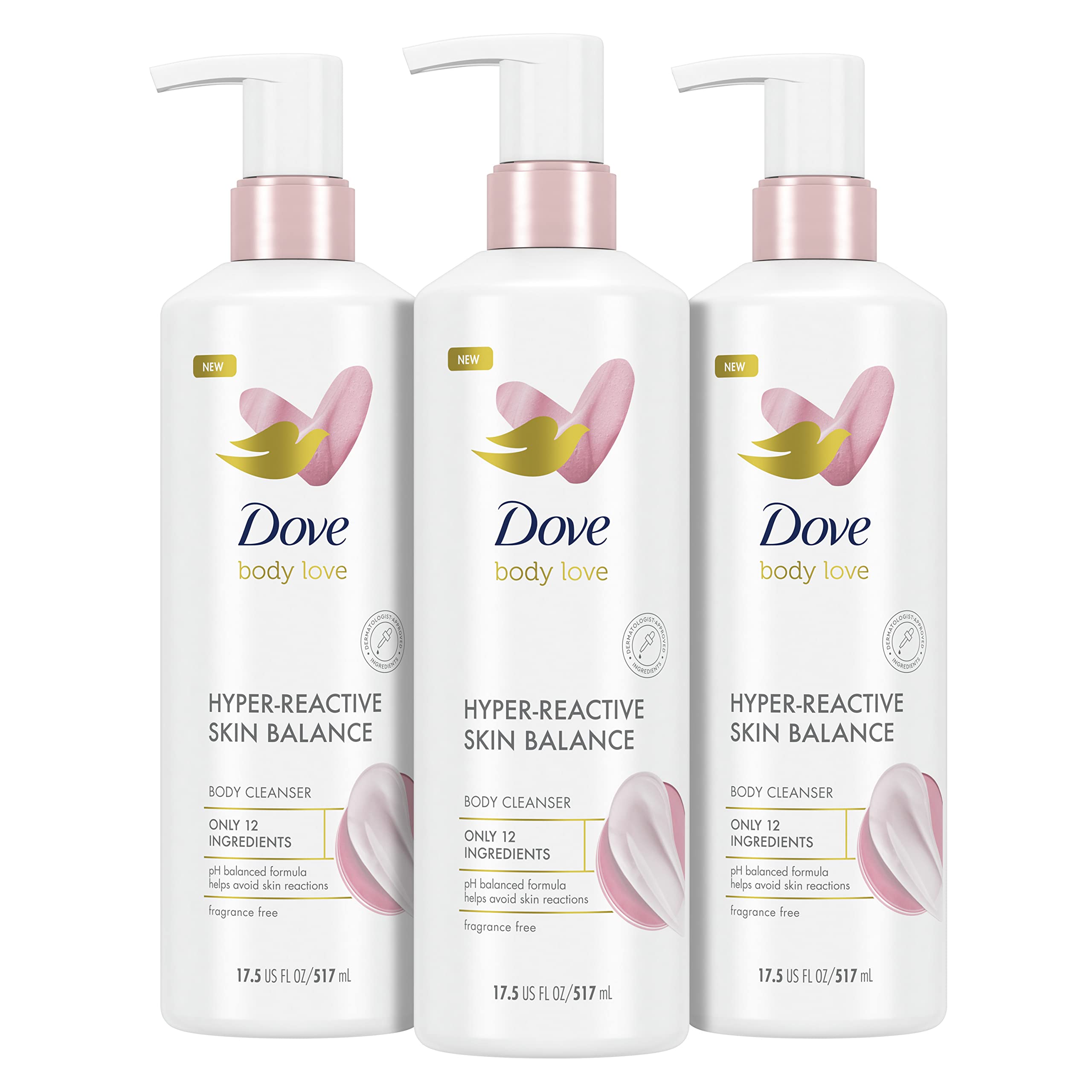 Dove Body Love Body Cleanser Reaction-Prone Skin 3 Count Hyper-Reactive Skin Balance for Ultra-Sensitive Fragrance Free Body Wash with Only 12 Ingredients 17.5 oz