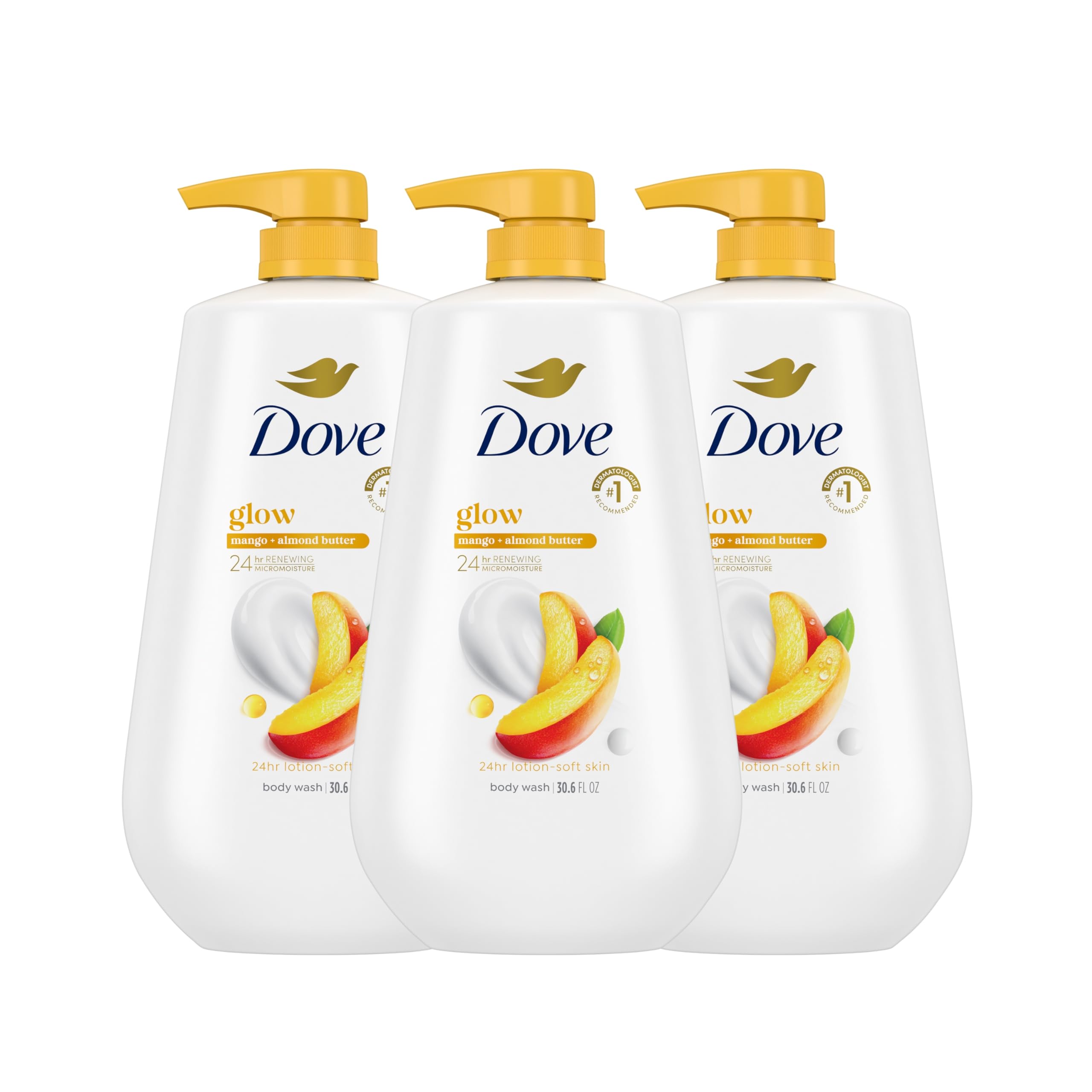Dove Body Wash with Pump 3 Count Glowing Mango & Almond Butter for Renewed, Healthy-Looking Skin Gentle Skin Cleanser with 24hr Renewing MicroMoisture 30.6 oz