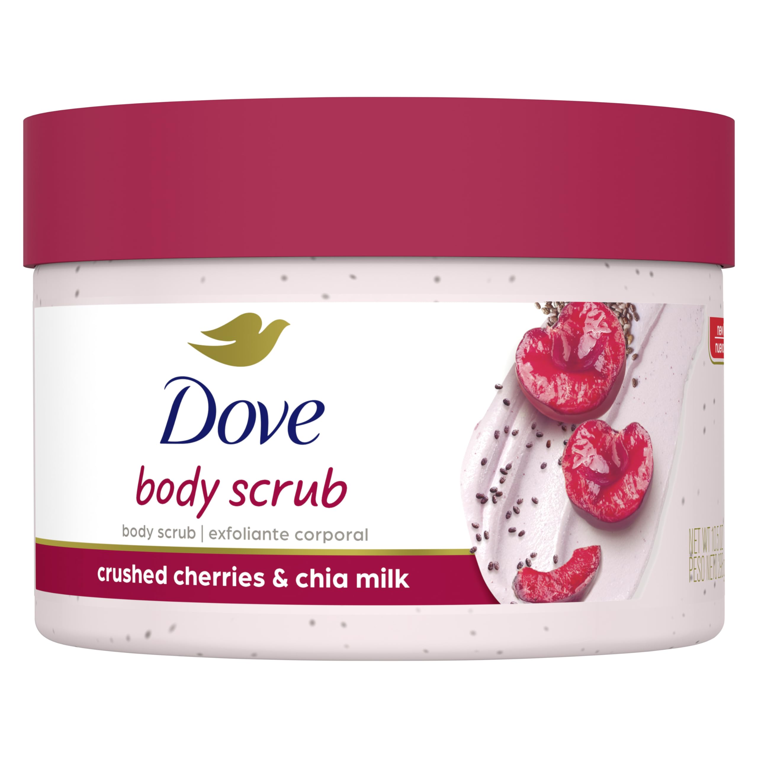 Dove Exfoliating Body Polish Crushed Cherries & Chia Milk Skin Care for Revitalized Skin Formulated with 1/4 Moisturizing Cream 10.5 oz