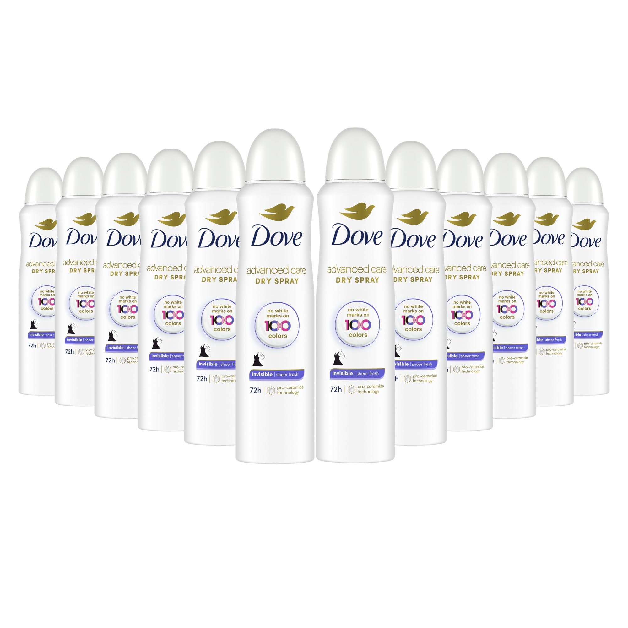 Dove Advanced Care Invisible Dry Spray Antiperspirant Deodorant No White Marks on 100 Colors Sheer Fresh 48-Hour Sweat and Odor Protecting Deodorant for Women 3.8 oz, Pack of 12