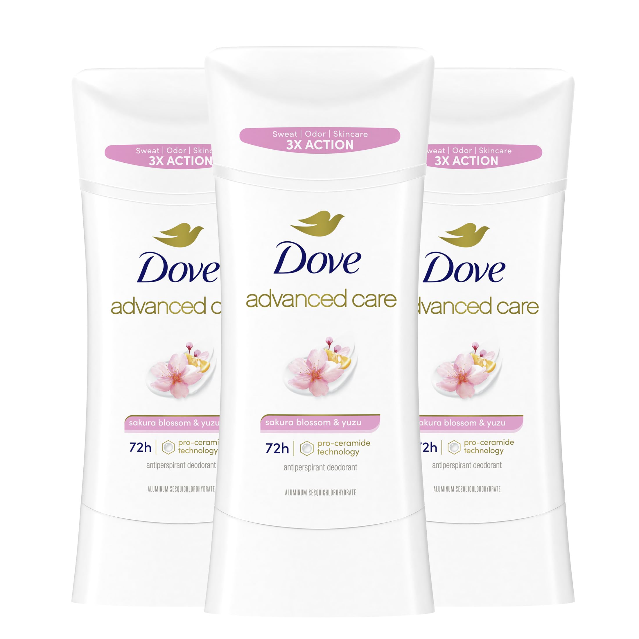 Dove Advanced Care Antiperspirant Deodorant for Women Sakura Blossom & Yuzu 3 pack 72 hour sweat and odor protection 2.6 oz