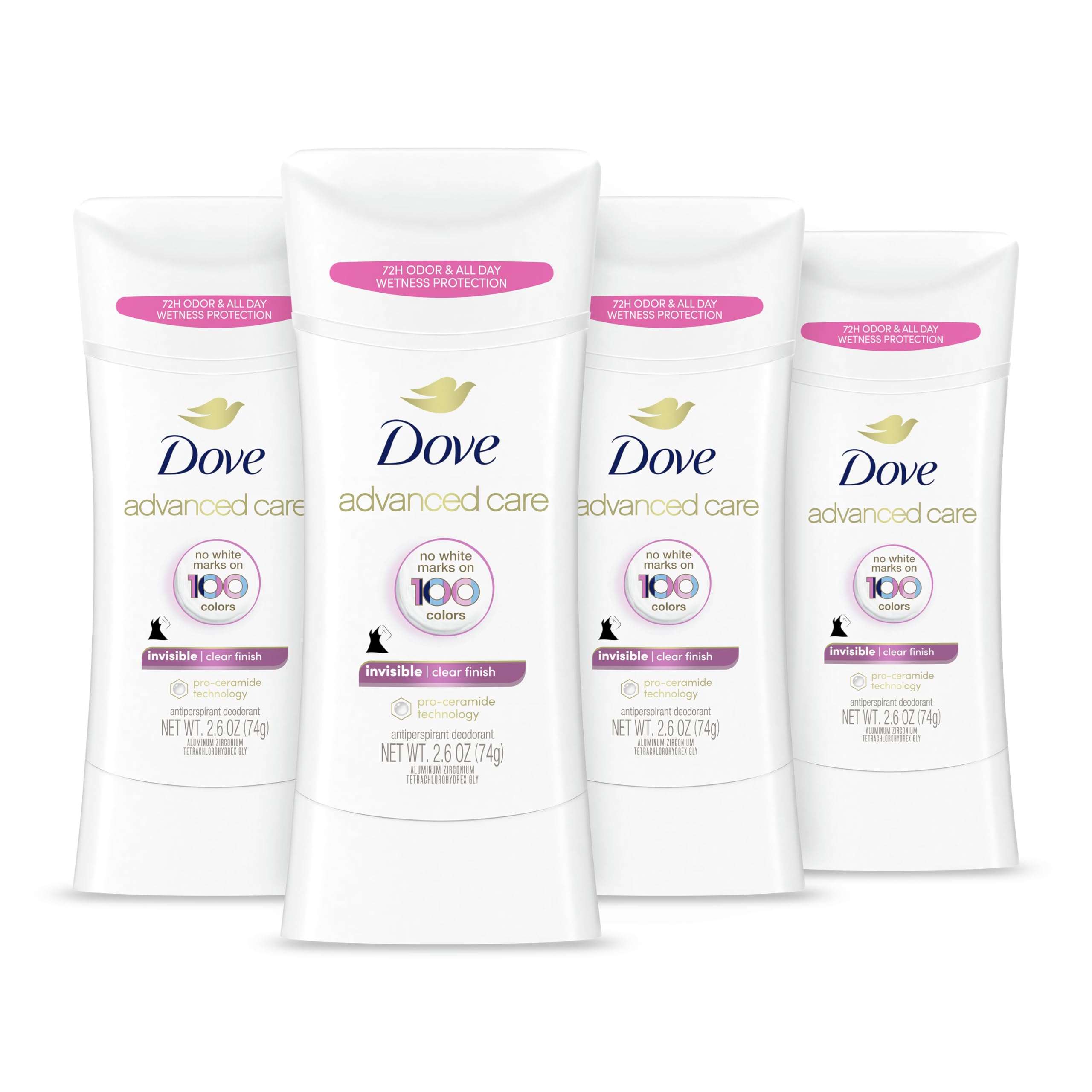 Dove Advanced Care Antiperspirant Deodorant Stick Clear Finish 4 Count deodorant that doesn’t stain clothes 72-hour odor control and all-day sweat protection with Pro-Ceramide Technology 2.6 oz