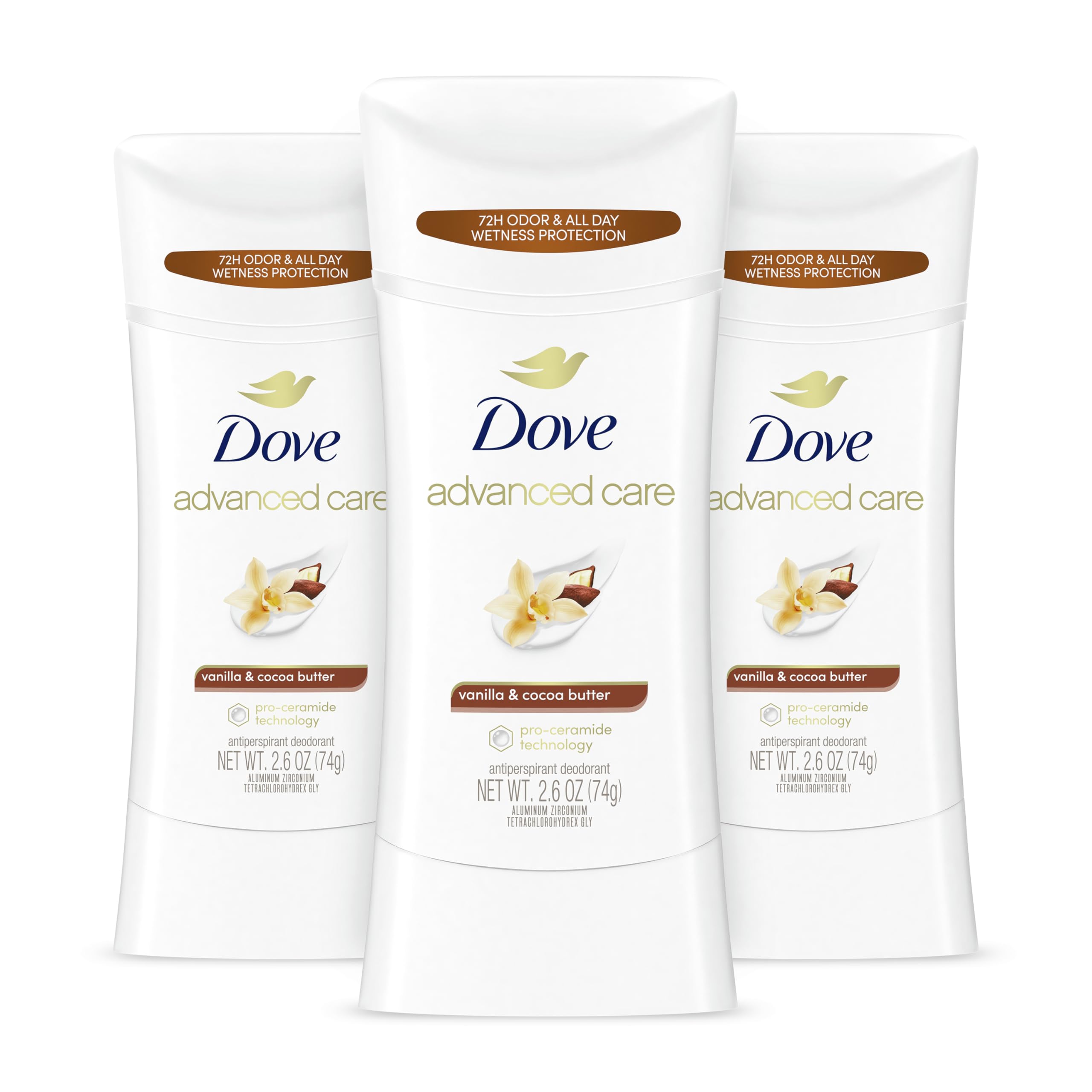 Dove Advanced Care Antiperspirant Deodorant Stick Vanilla & Cocoa Butter 3 Count Antiperspirant deodorant with Pro-Ceramide Technology 72-hour odor control and all-day sweat protection 2.6 oz
